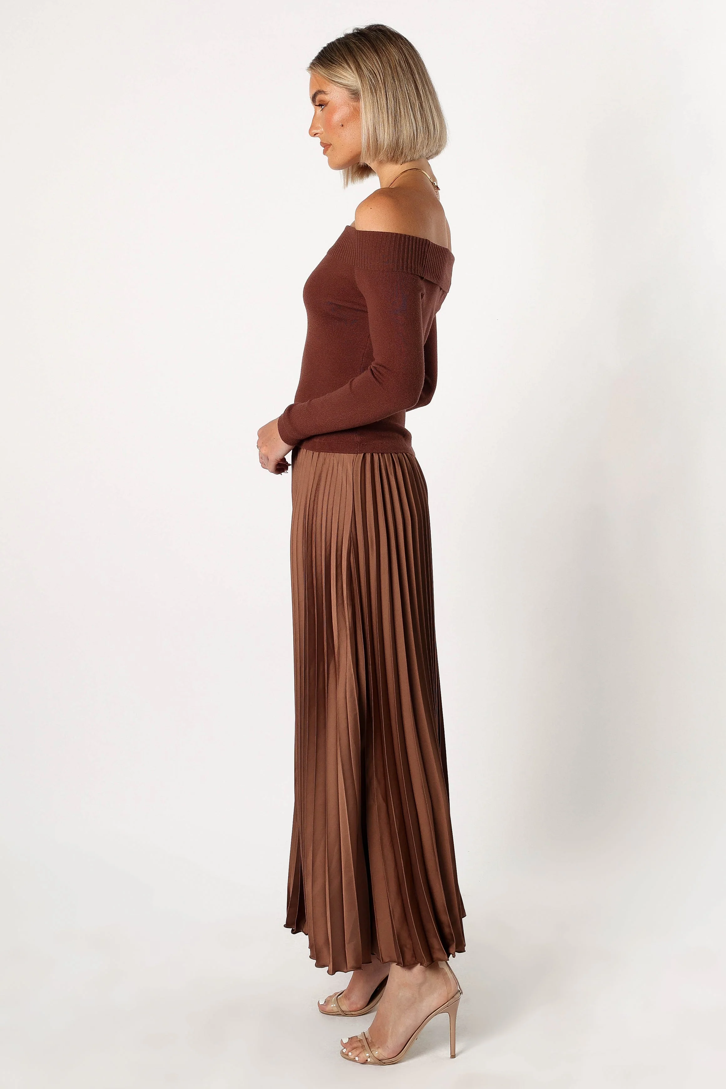 Slate Off Shoulder Pleated Midi Dress - Bronze