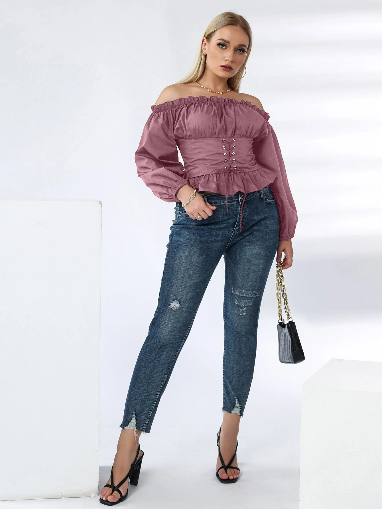 KittenAlarm - Plus Off Shoulder Lace Up Ruffle Hem Peplum Blouse