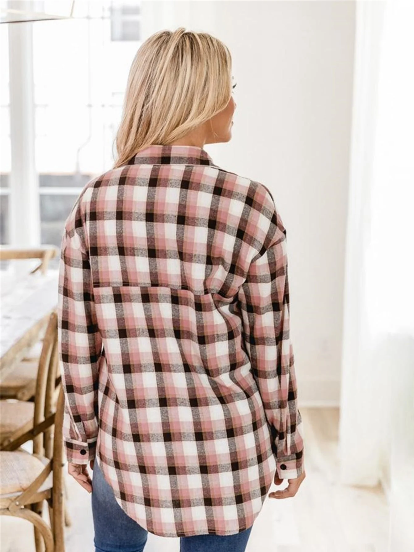 KittenAlarm - Plaid Print Drop Shoulder Blouse