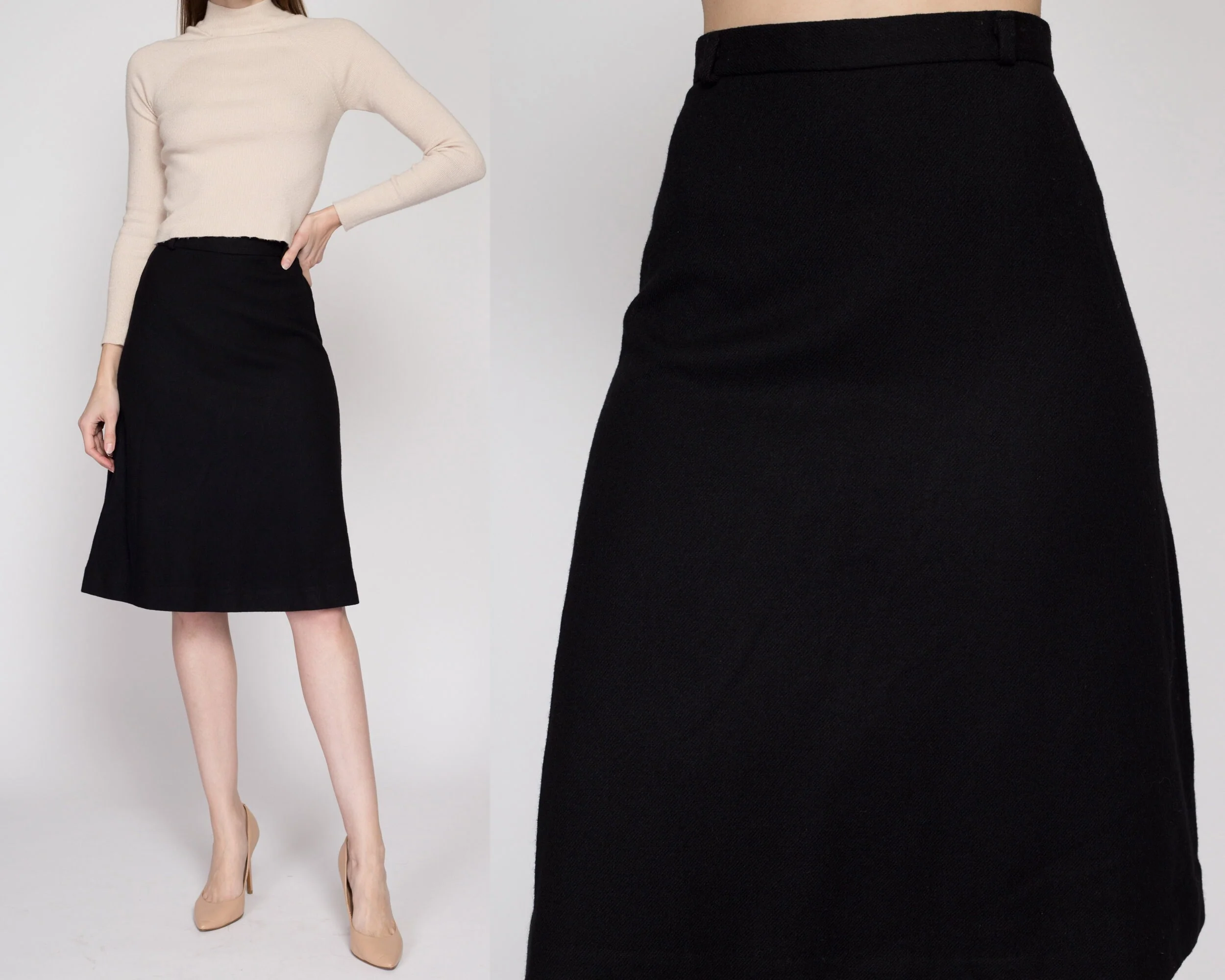 XS 70s Black A Line Wool Blend Skirt 24.5