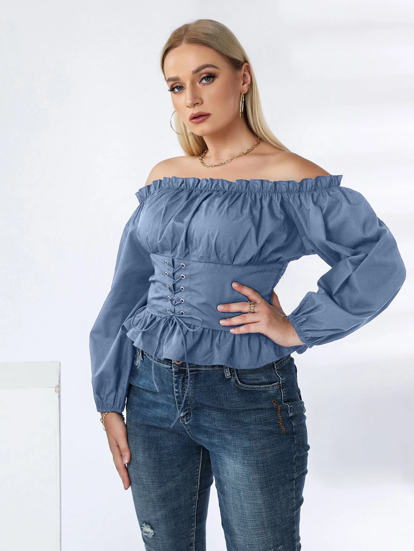 KittenAlarm - Plus Off Shoulder Lace Up Ruffle Hem Peplum Blouse