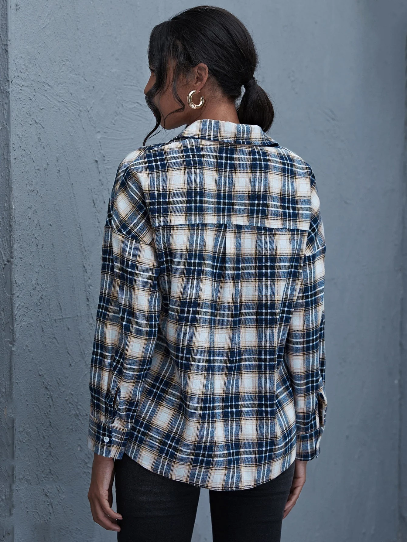 KittenAlarm - Plaid Print Drop Shoulder Blouse