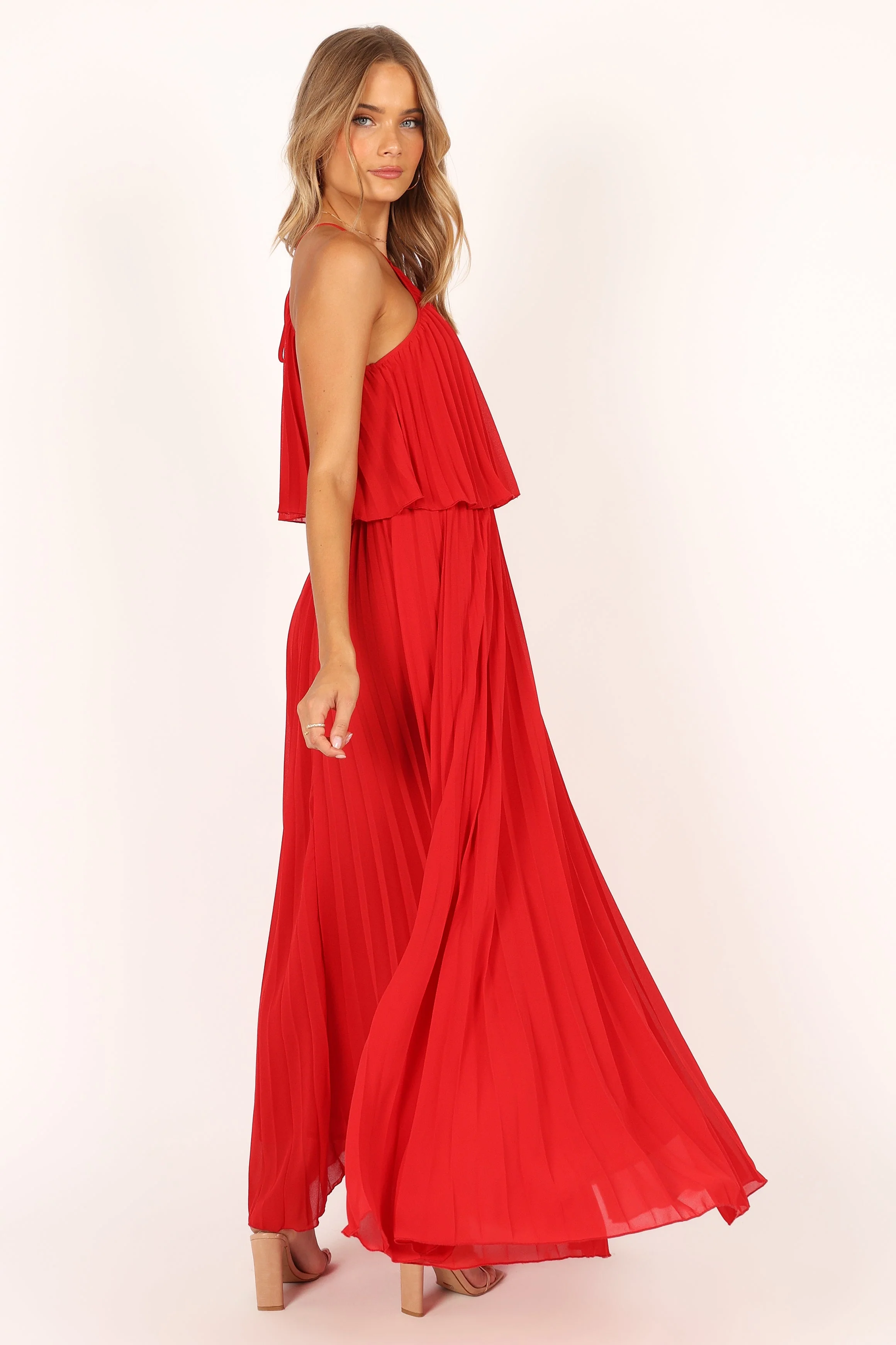 Gia Pleated Halterneck Maxi Dress - Red