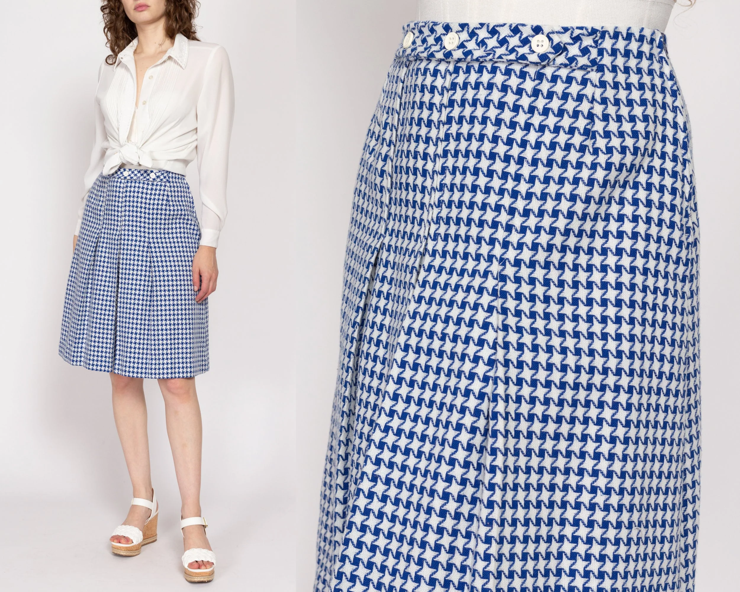 Small 70s Blue & White Pinwheel Houndstooth Pleated Skirt 26