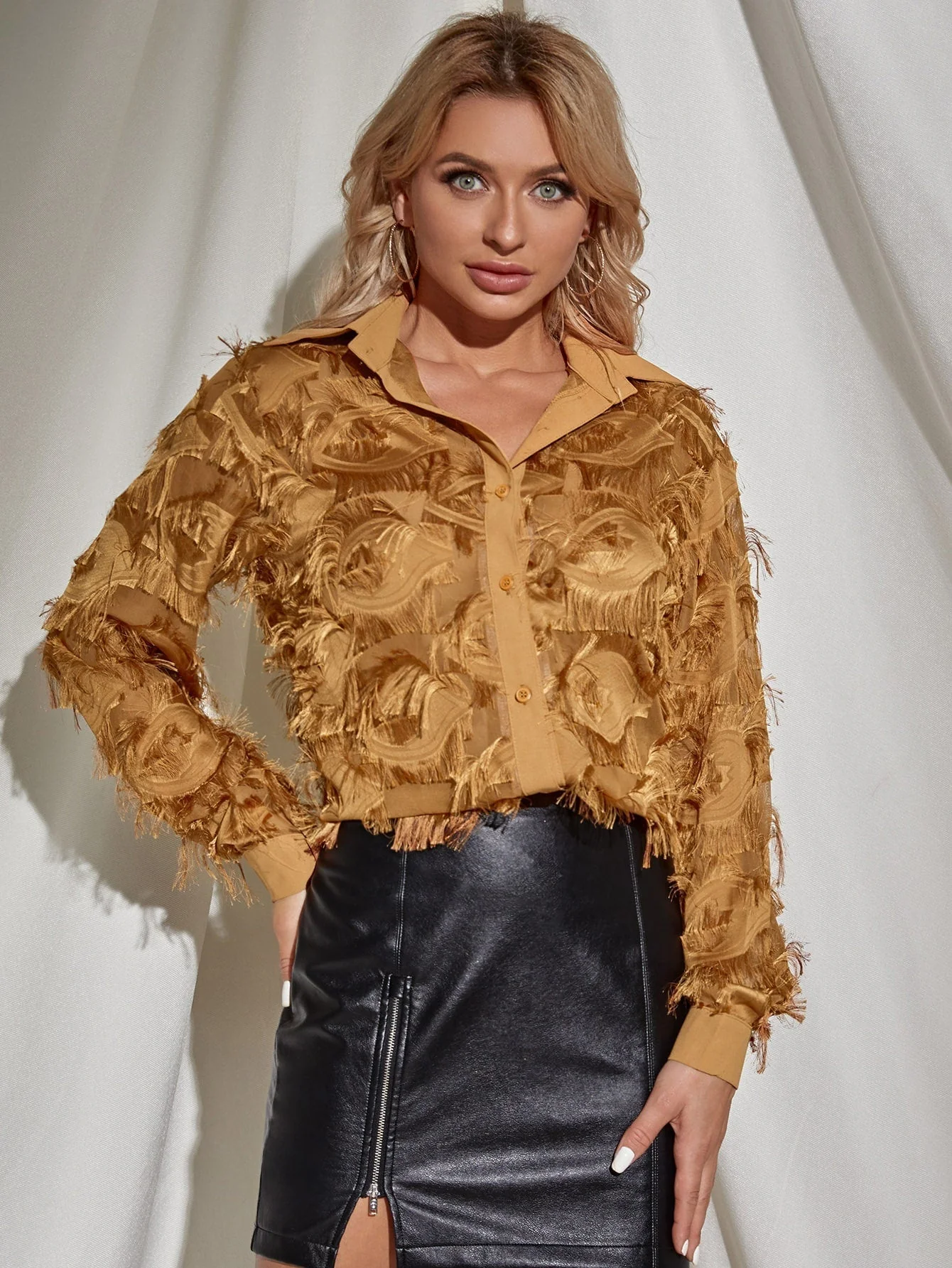 KittenAlarm - Button Front Fringe Trim Blouse