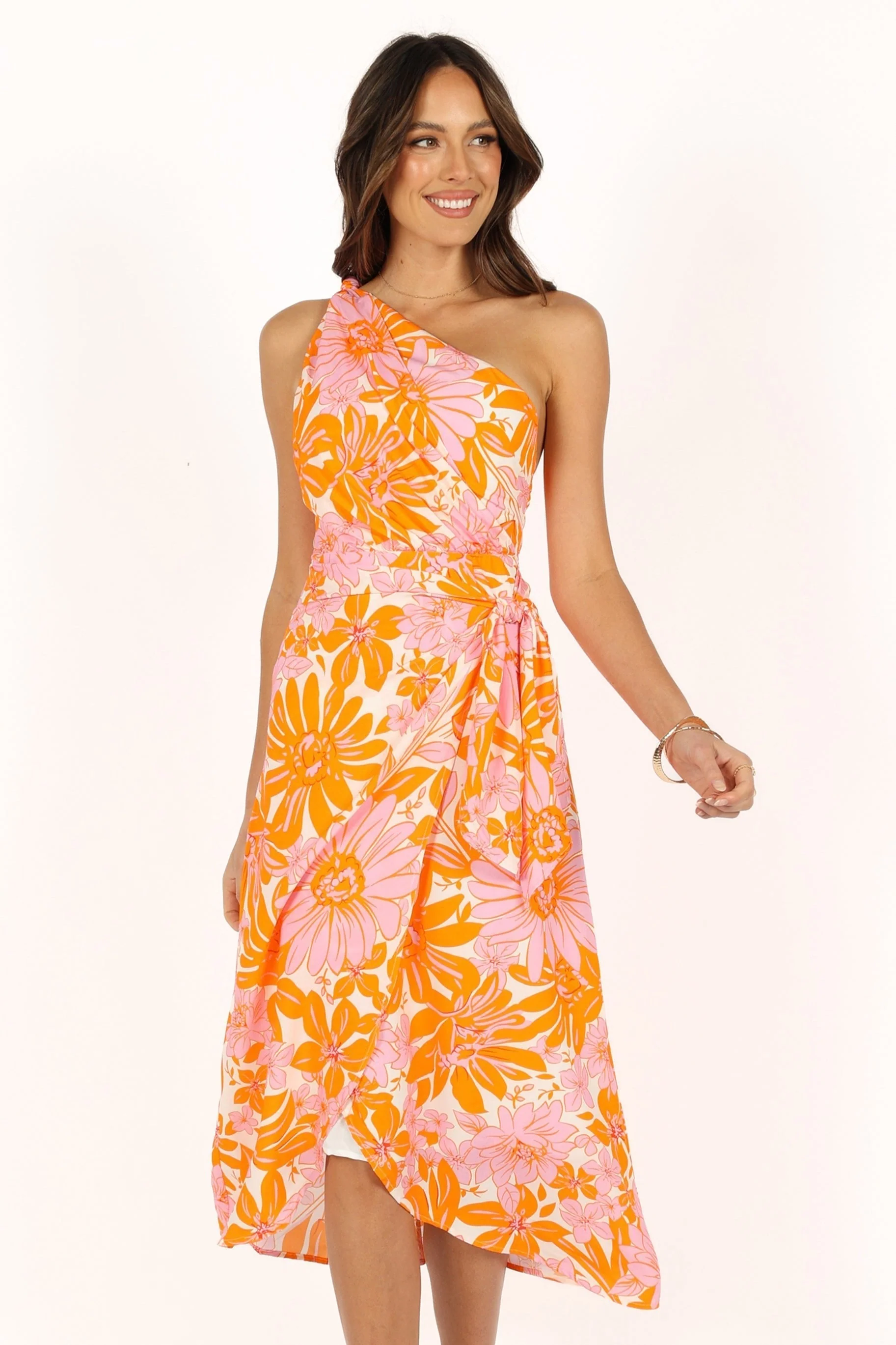 Clara One Shoulder Midi Dress - Orange