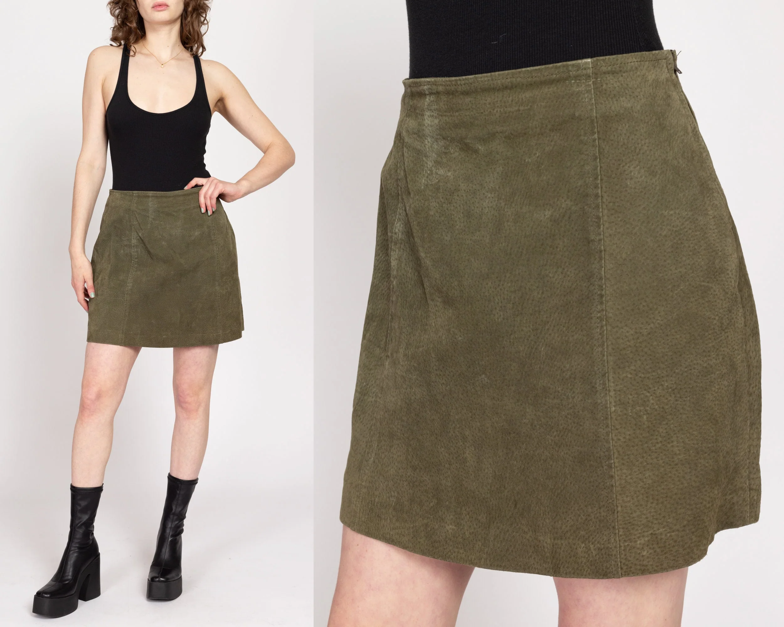 Medium 90s Olive Green Suede Mini Skirt 29