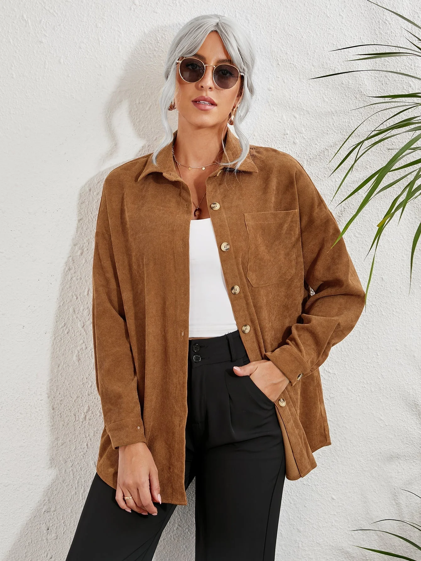 KittenAlarm - Patched Pocket Drop Shoulder Corduroy Blouse