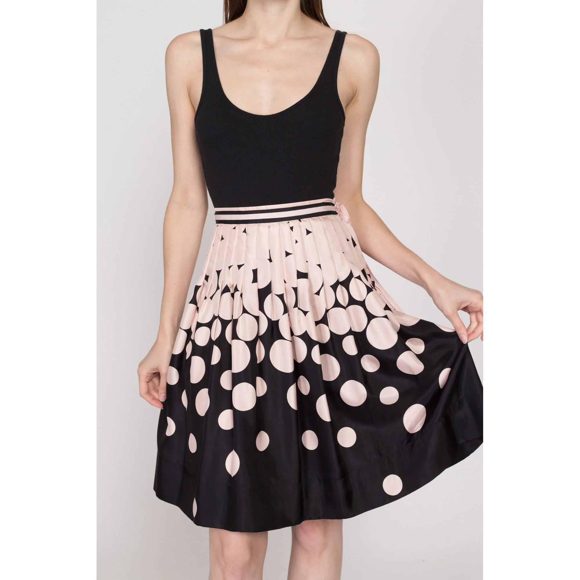 XS-Sm 90s Pink & Black Silk Polka Dot Skirt