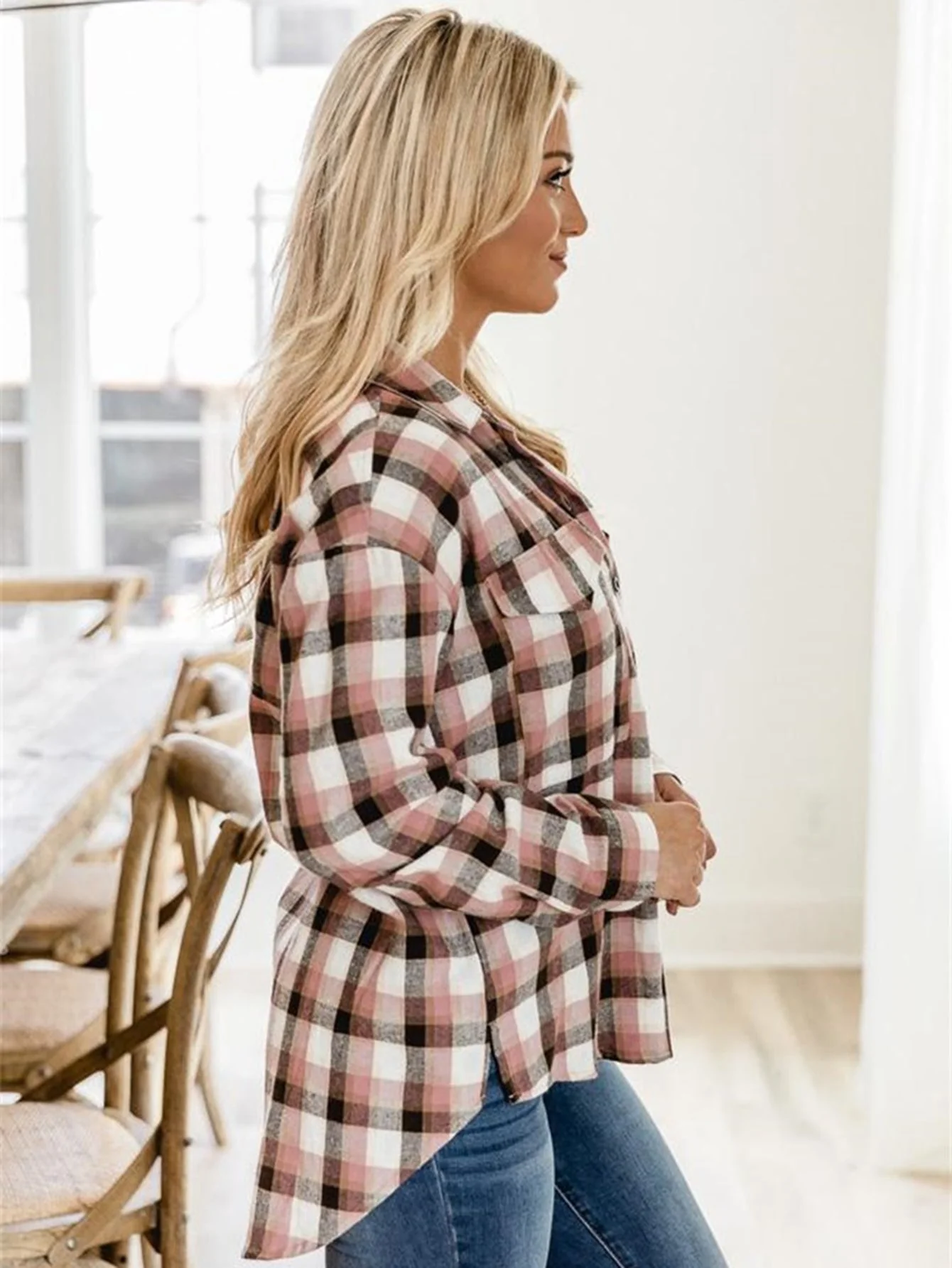 KittenAlarm - Plaid Print Drop Shoulder Blouse