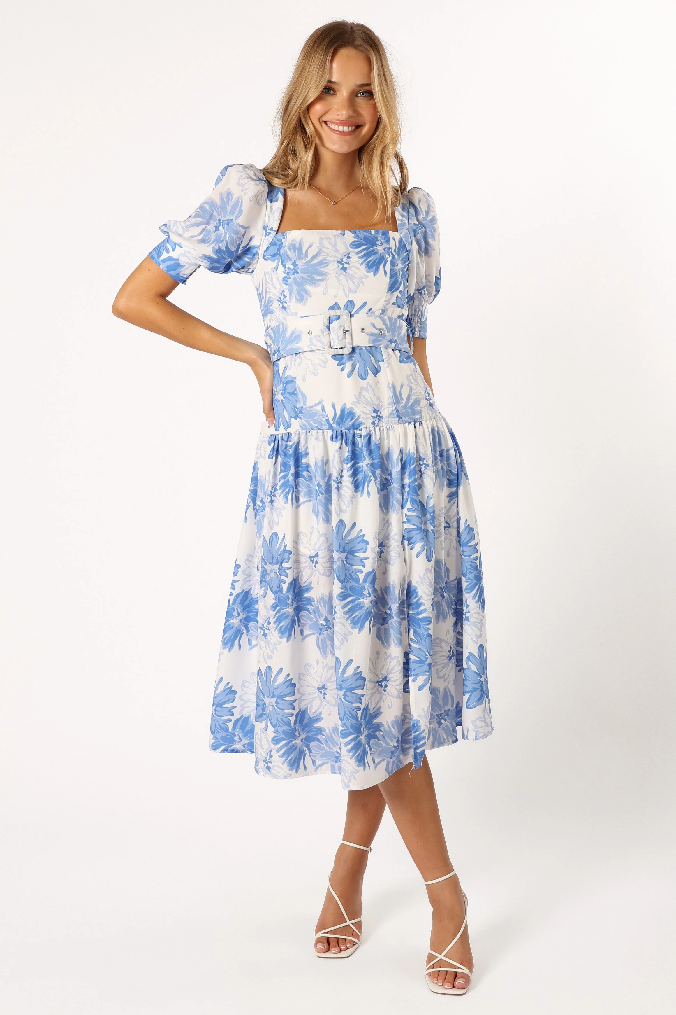 Magda Belted Midi Dress - Blue Floral