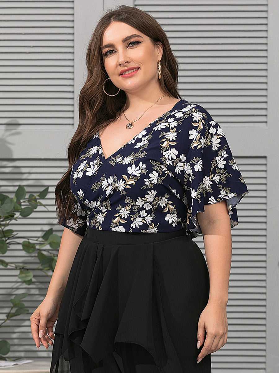 KittenAlarm - Plus Size Fashion Women V Neck Flower Printing Backless Blouse Shirt
