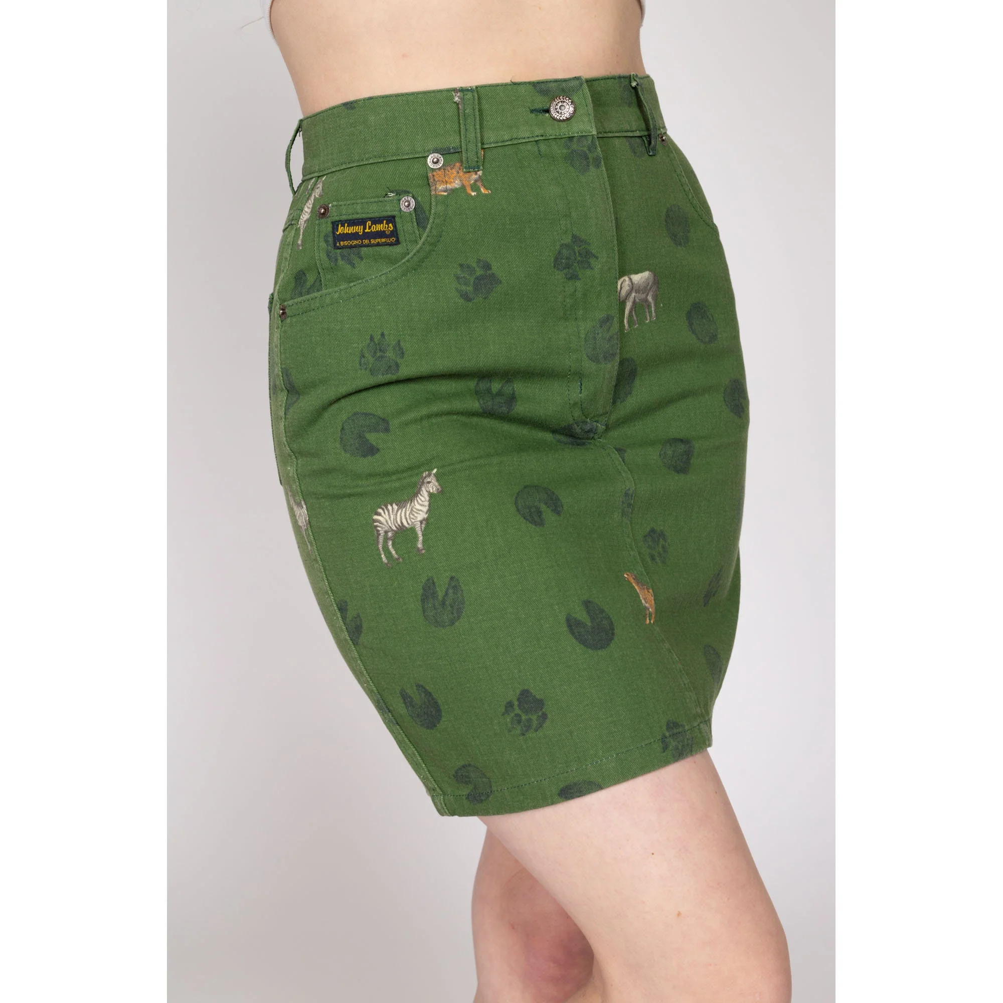 Small 90s African Animal Footprint Green Denim Mini Skirt 27