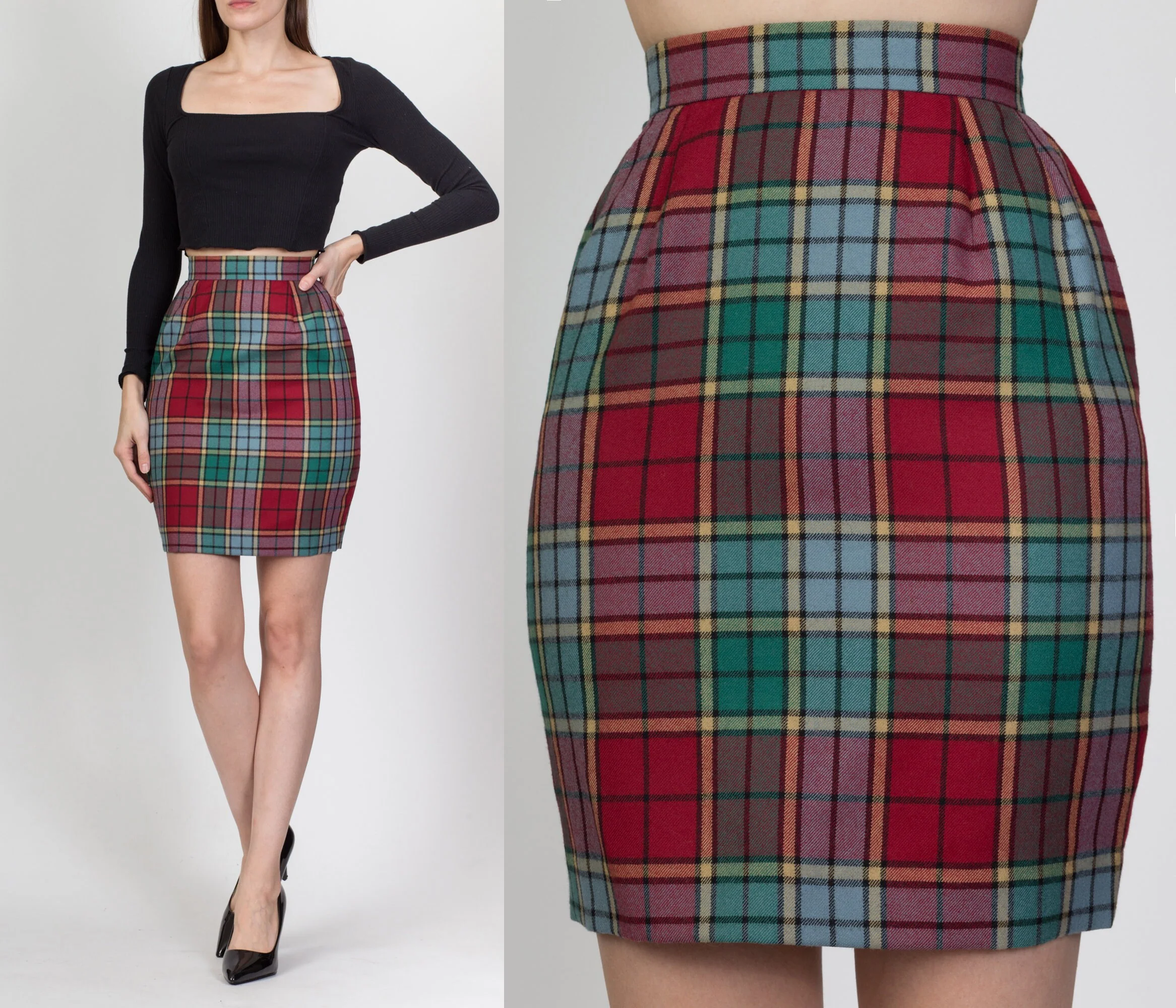 Vintage Plaid Mini Pencil Skirt - Extra Small, 22.5