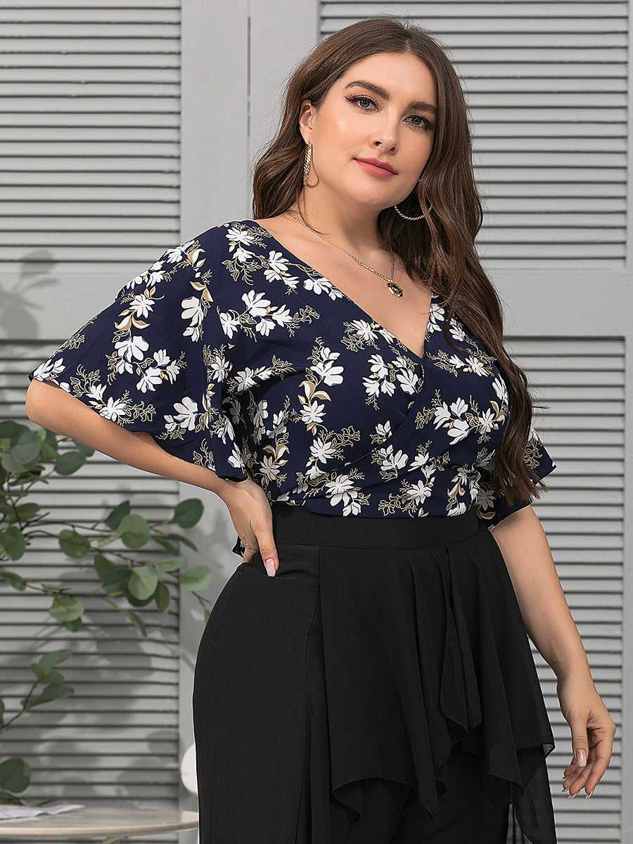 KittenAlarm - Plus Size Fashion Women V Neck Flower Printing Backless Blouse Shirt
