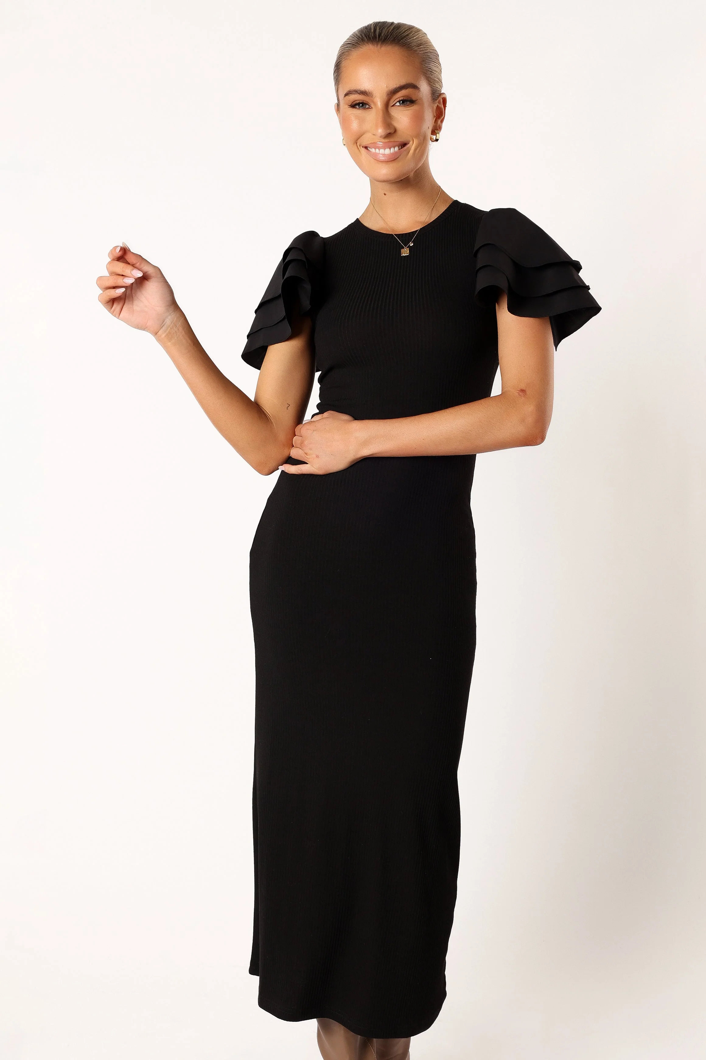 Cally Ruffle Sleeve Midi Dress - Black