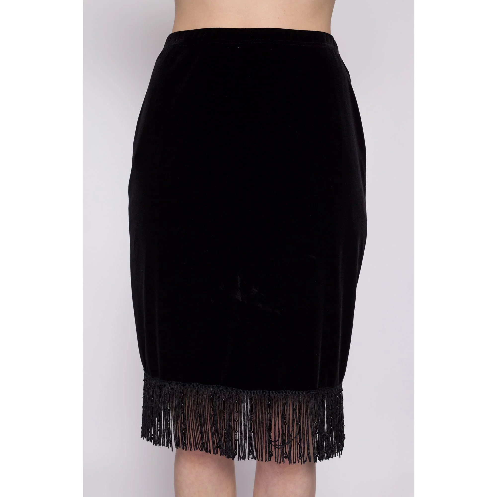 90s Beaded Fringe Black Velvet Mini Skirt - Medium