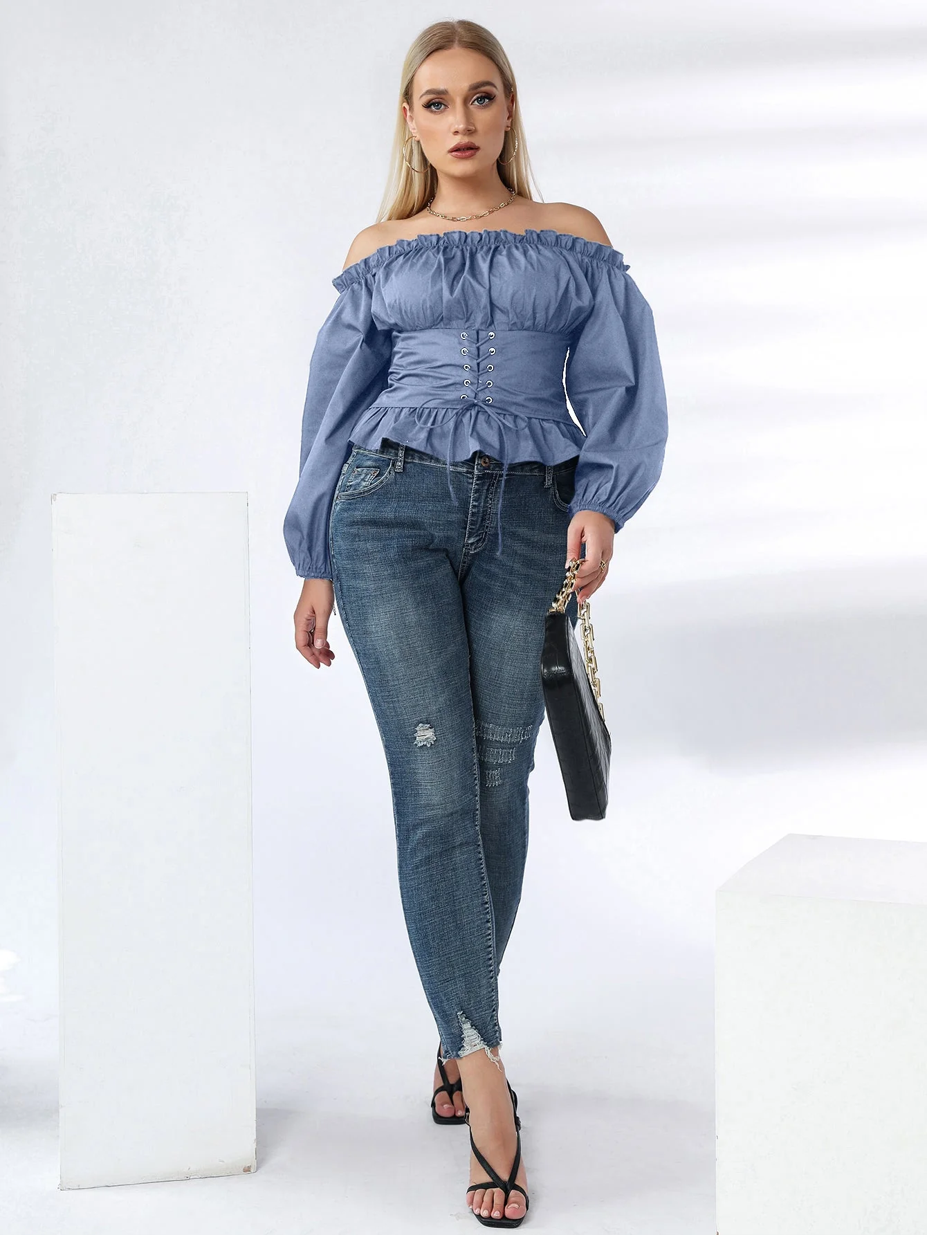 KittenAlarm - Plus Off Shoulder Lace Up Ruffle Hem Peplum Blouse