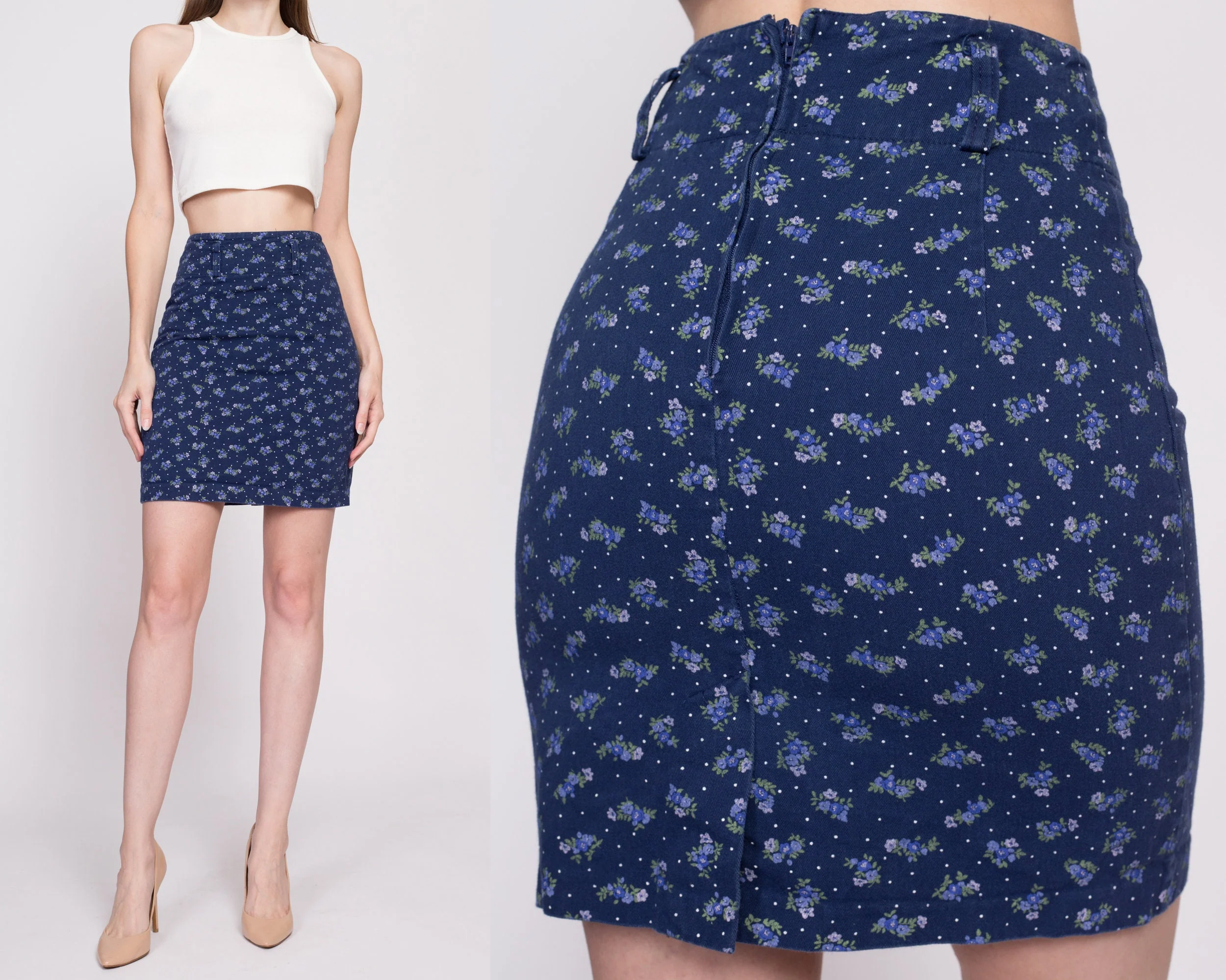 90s Blue Floral Mini Pencil Skirt - Extra Small, 24.5