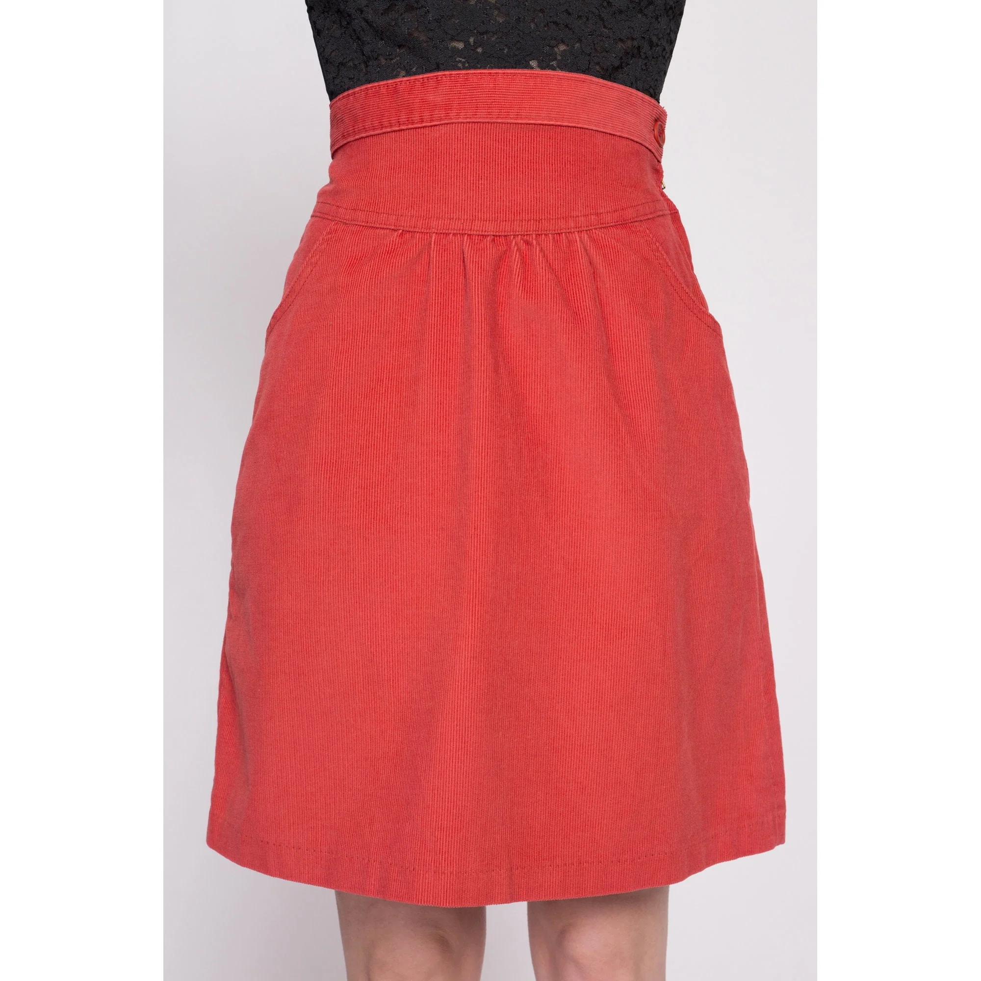 70s Coral Red Corduroy Mini Skirt - Small, 26.5