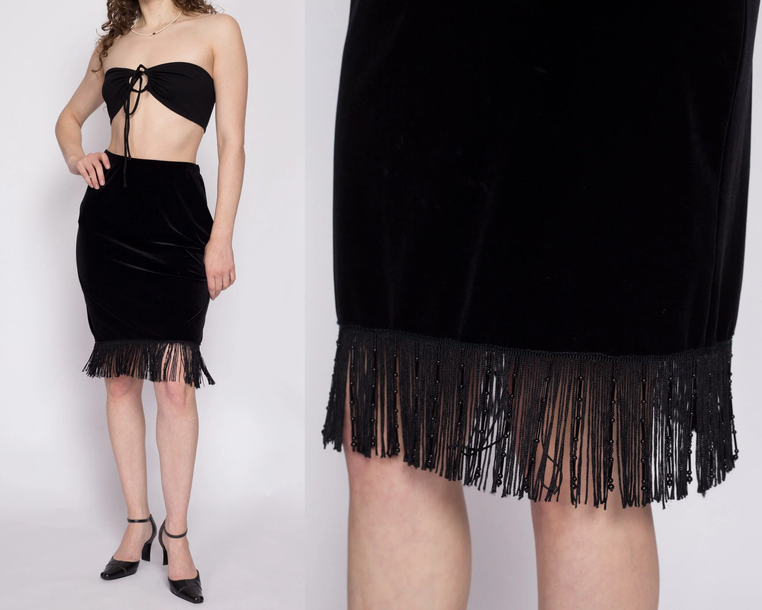 90s Beaded Fringe Black Velvet Mini Skirt - Medium