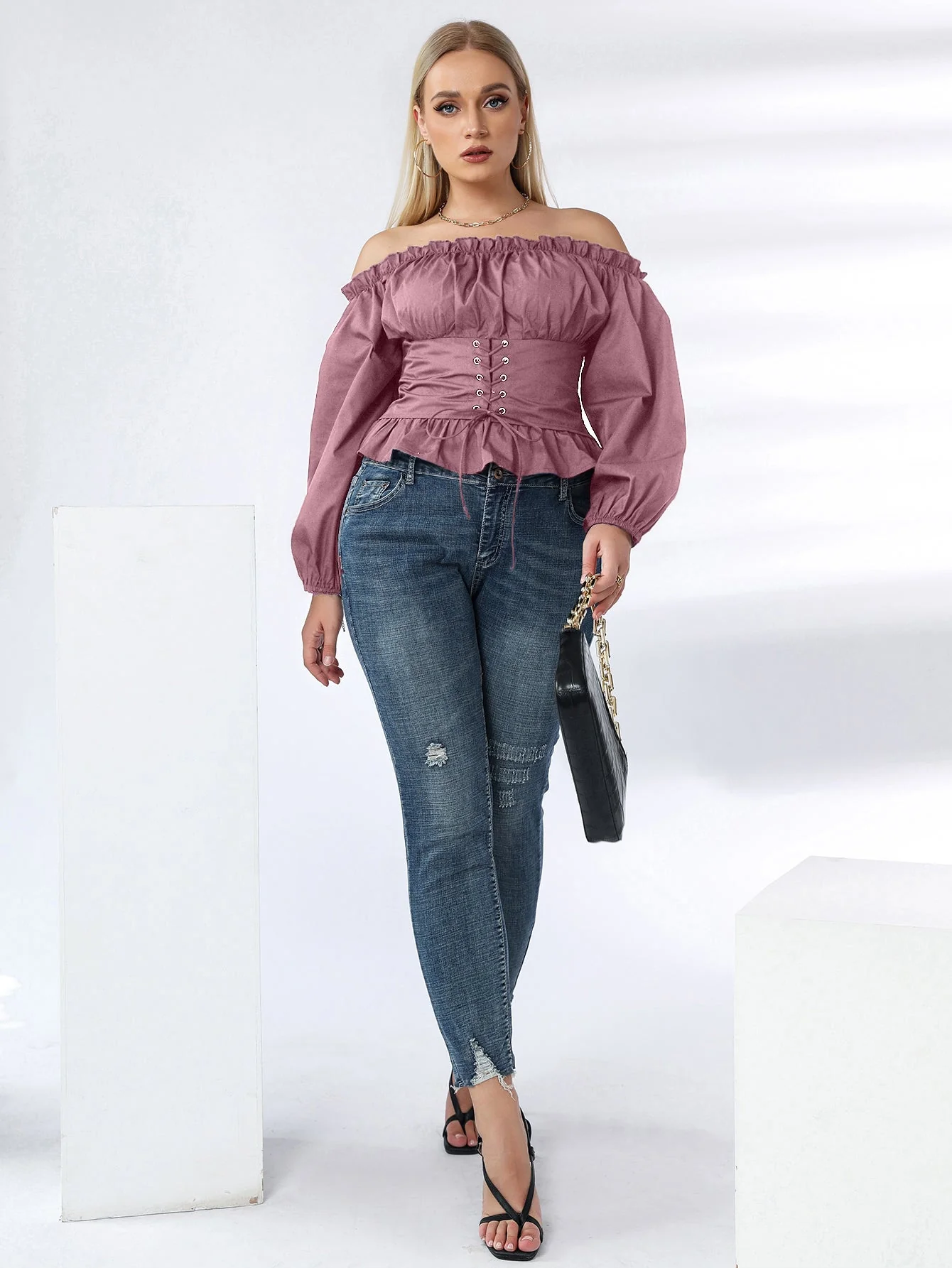 KittenAlarm - Plus Off Shoulder Lace Up Ruffle Hem Peplum Blouse