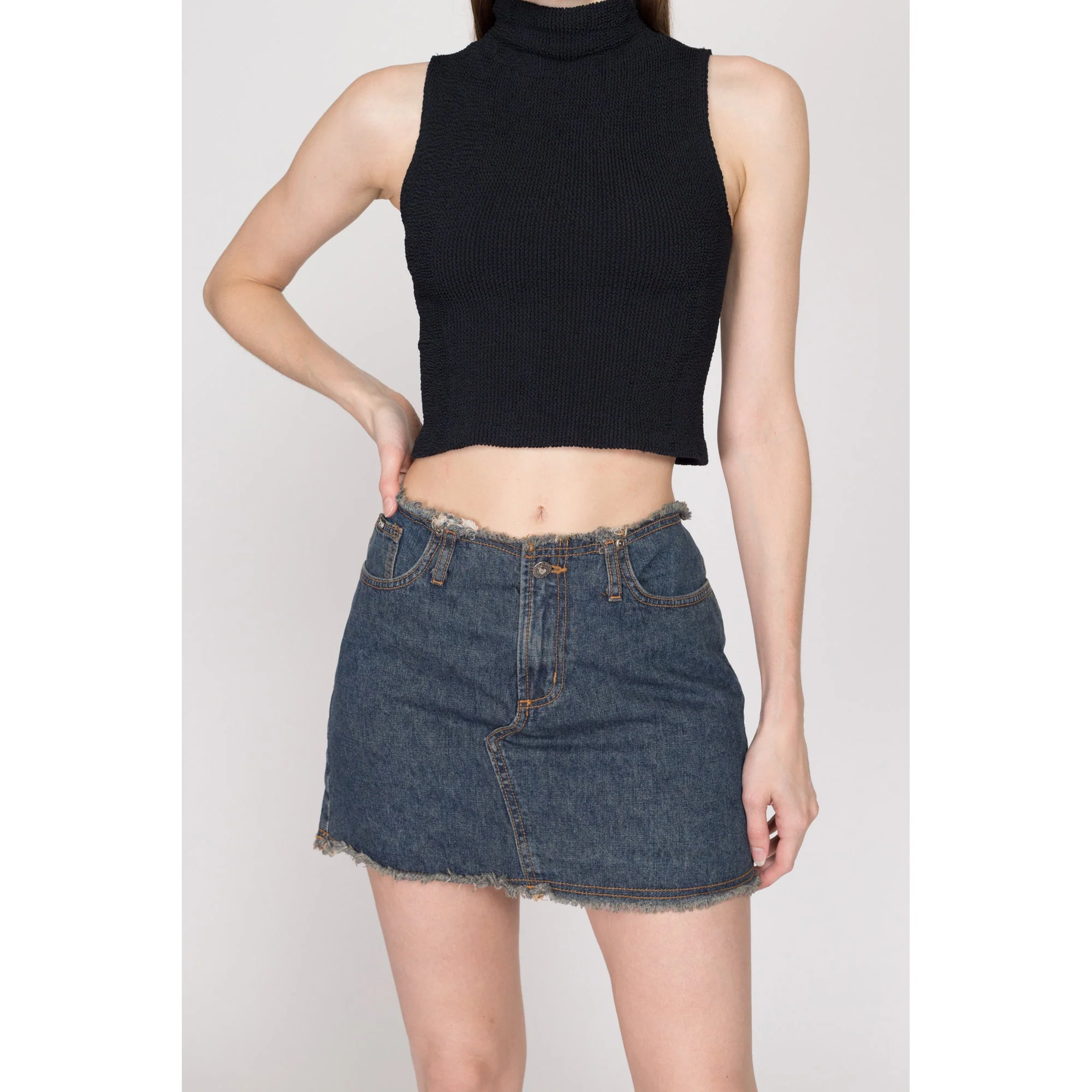 Medium Y2K Low Rise Frayed Denim Mini Skirt