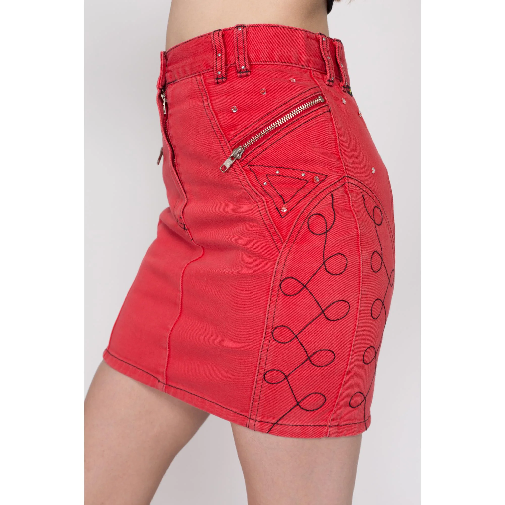 Small 90s Red Denim Embellished Mini Skirt 27