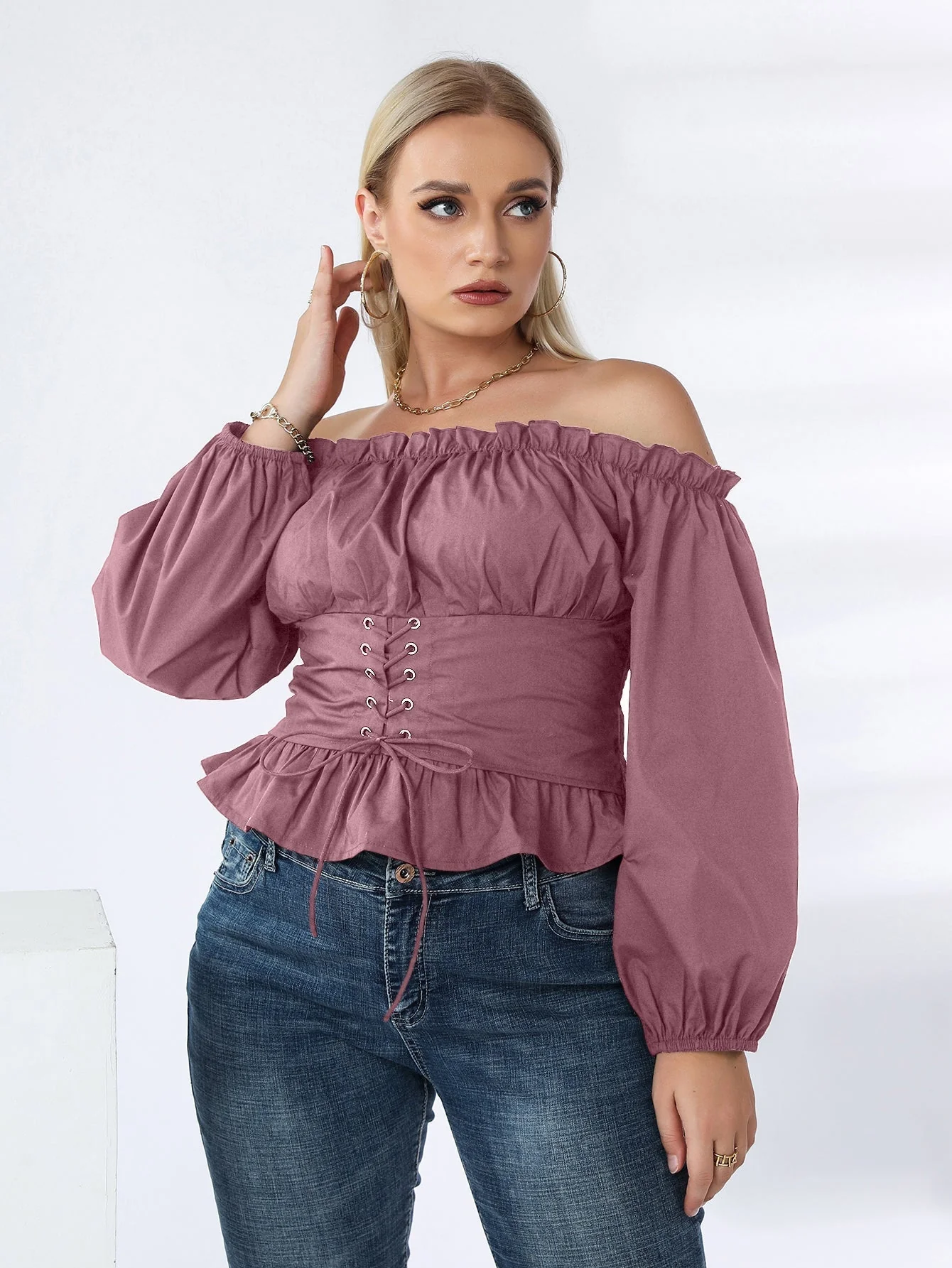 KittenAlarm - Plus Off Shoulder Lace Up Ruffle Hem Peplum Blouse