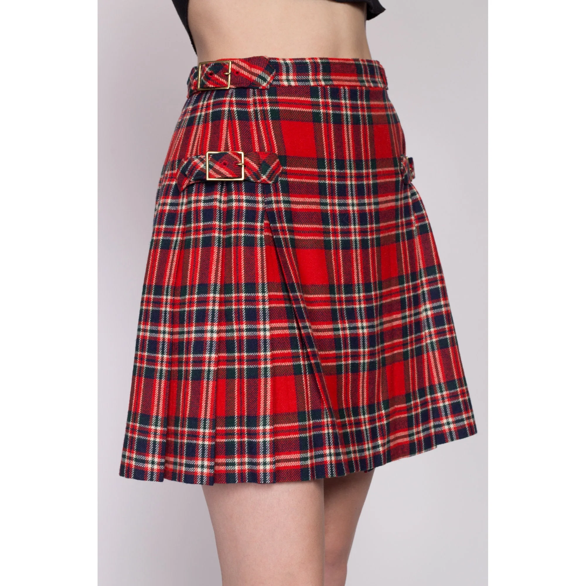 XS 80s Red Plaid Mini Kilt Wrap Skirt 23