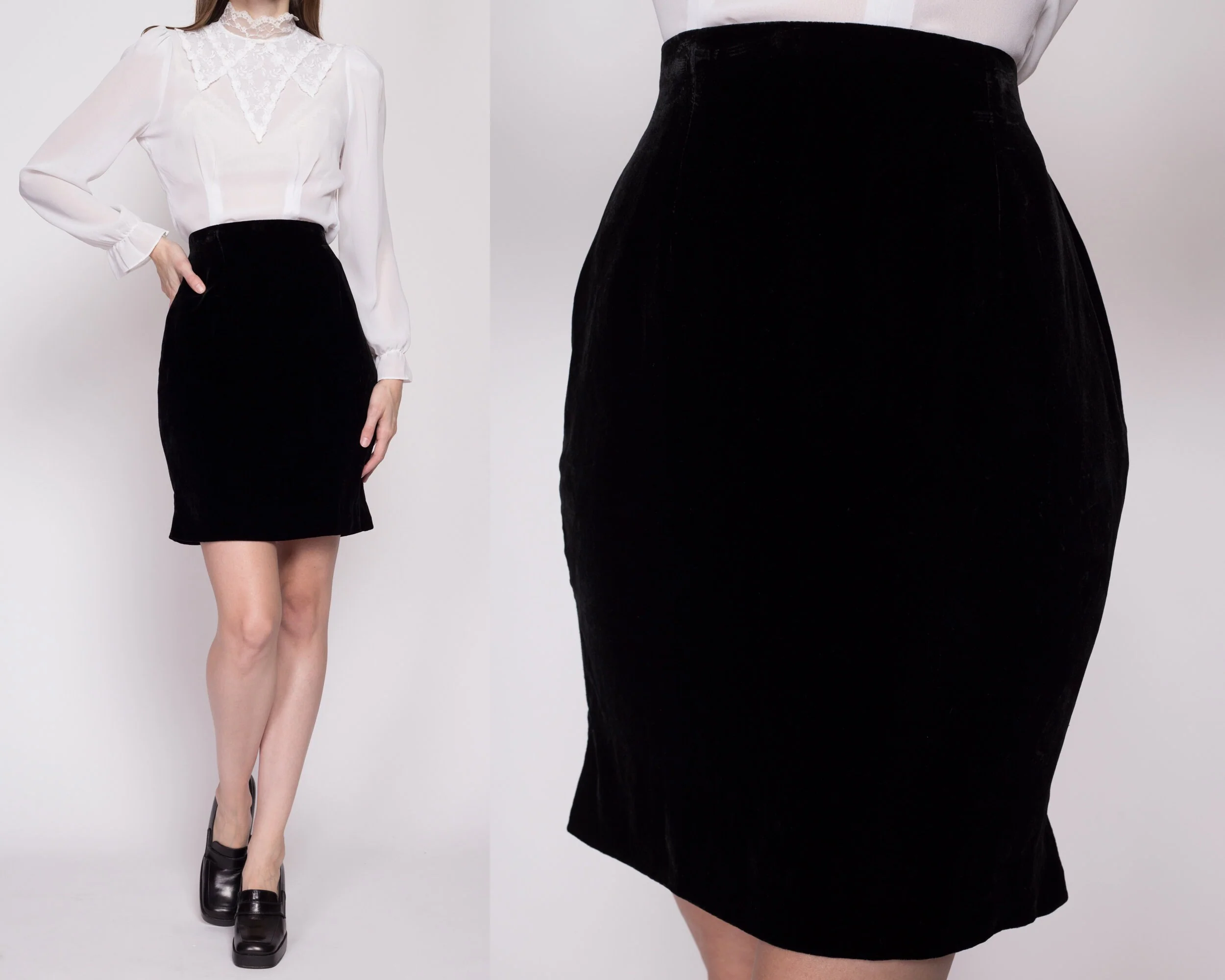 XS 80s Black Velvet Fitted Mini Skirt 25
