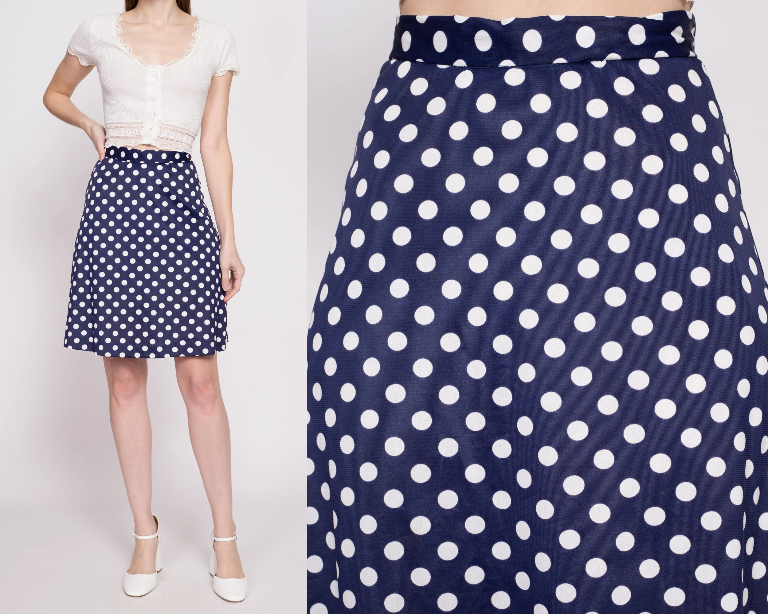 60s 70s Navy Blue Polka Dot Mini Skirt - Extra Small, 25