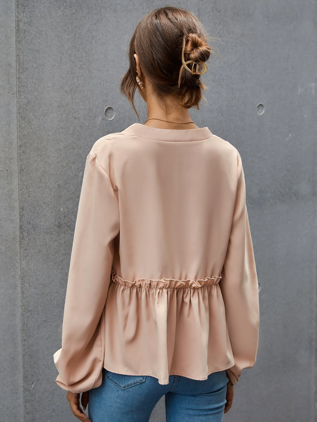 KittenAlarm - Notched Neck Lettuce Trim Blouse