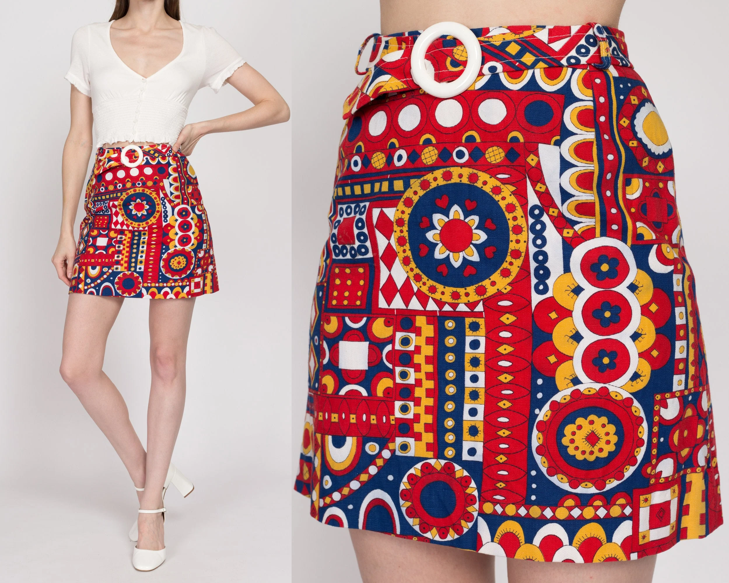 XS 60s Red Psychedelic Floral Belted Mini Skirt