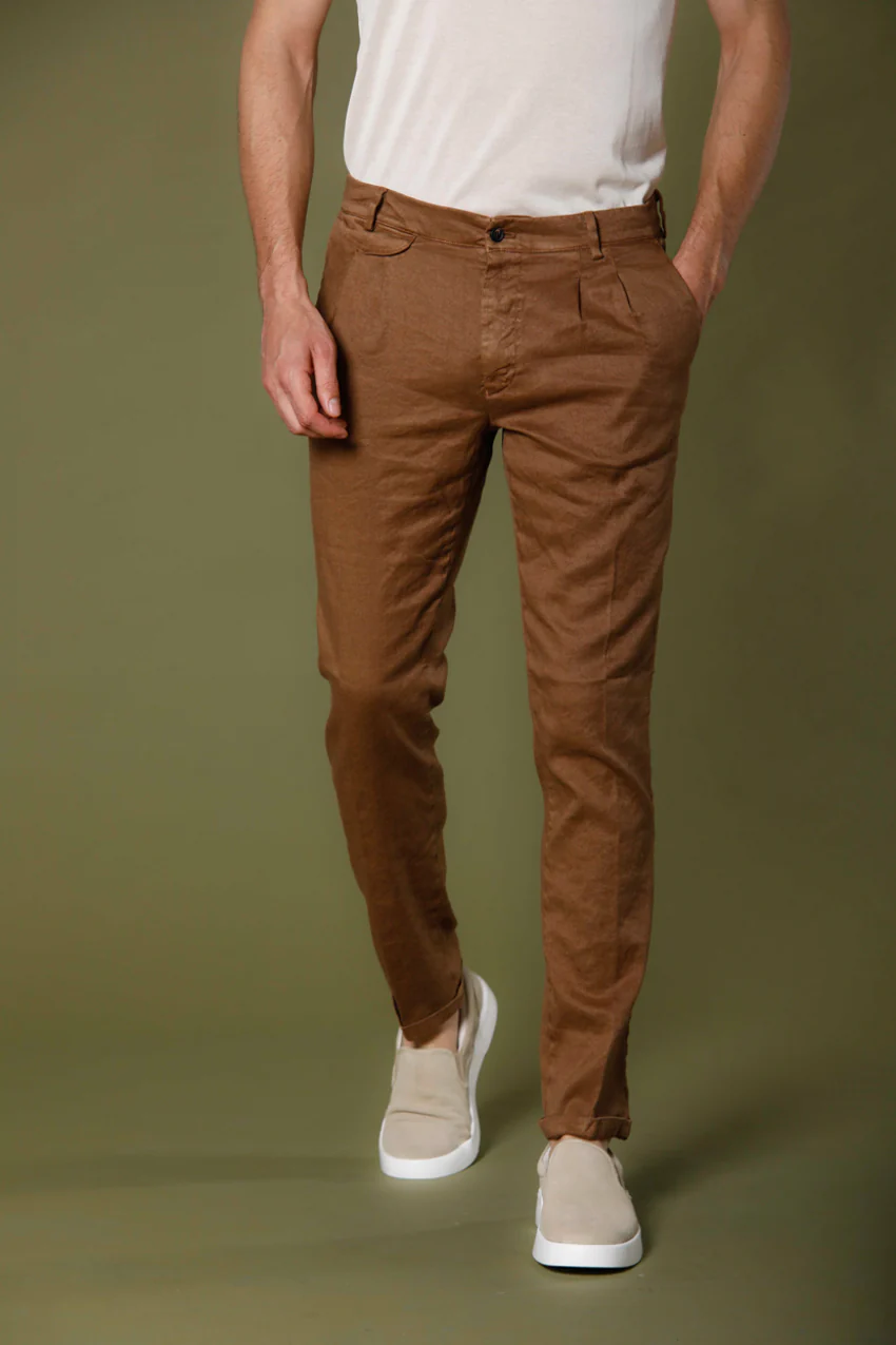 Amalfi 2 Pinces men's chino pants in linen and cotton twill carrot fit