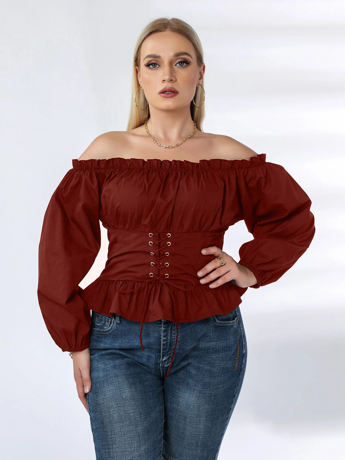 KittenAlarm - Plus Off Shoulder Lace Up Ruffle Hem Peplum Blouse