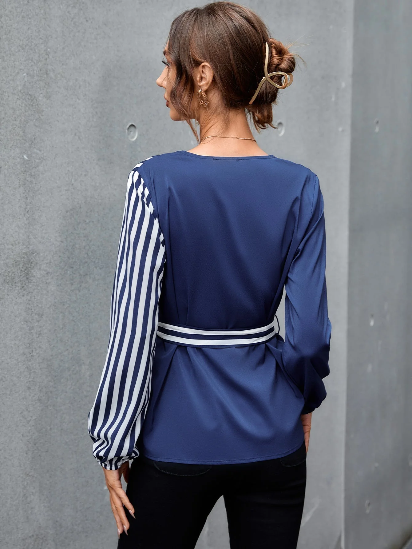 KittenAlarm - Colorblock Striped Self Tie Blouse