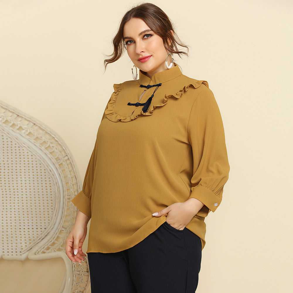 KittenAlarm - Plus Size Women Retro Style Stand Collar Ruffle Trim Solid Color Casual Shirt Top Blouse