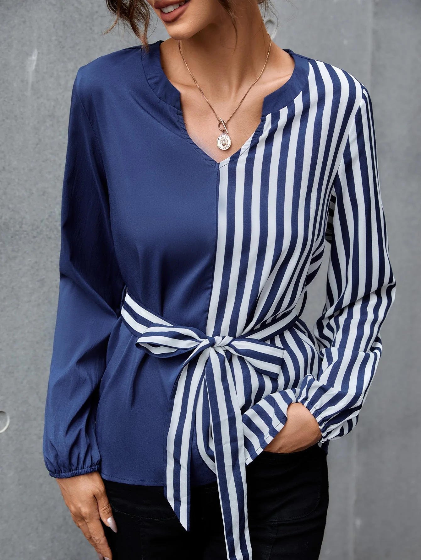 KittenAlarm - Colorblock Striped Self Tie Blouse