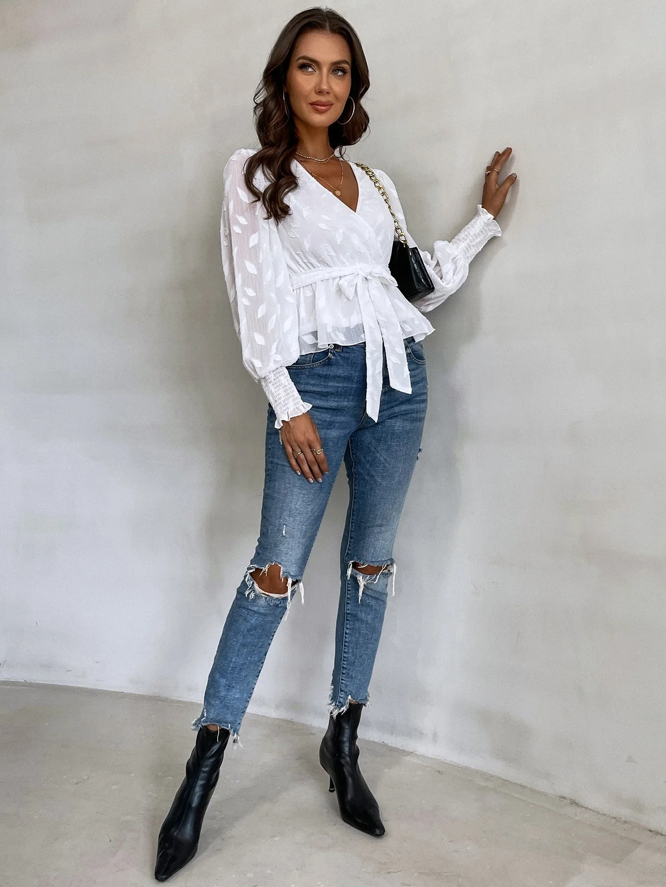 KittenAlarm - Jacquard Lantern Sleeve Shirred Cuff Belted Blouse