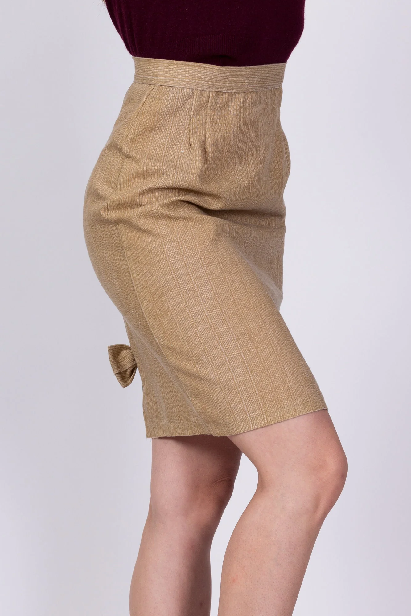80s Tan Bow Pencil Skirt - Extra Small, 23.5