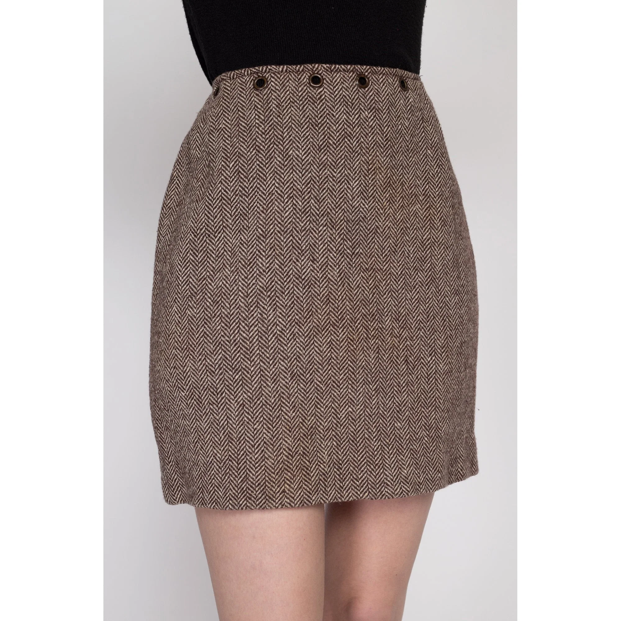 XS 60s Herringbone Wool Grommet Waist Mini Skirt 25