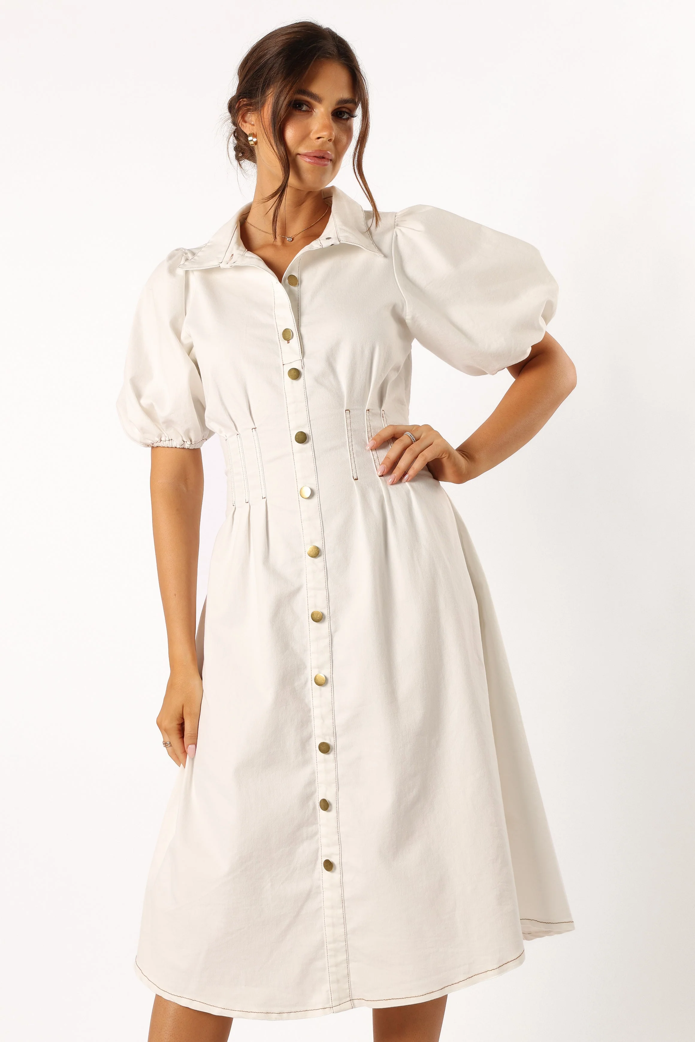 Sollie Puff Sleeve Midi Dress - White