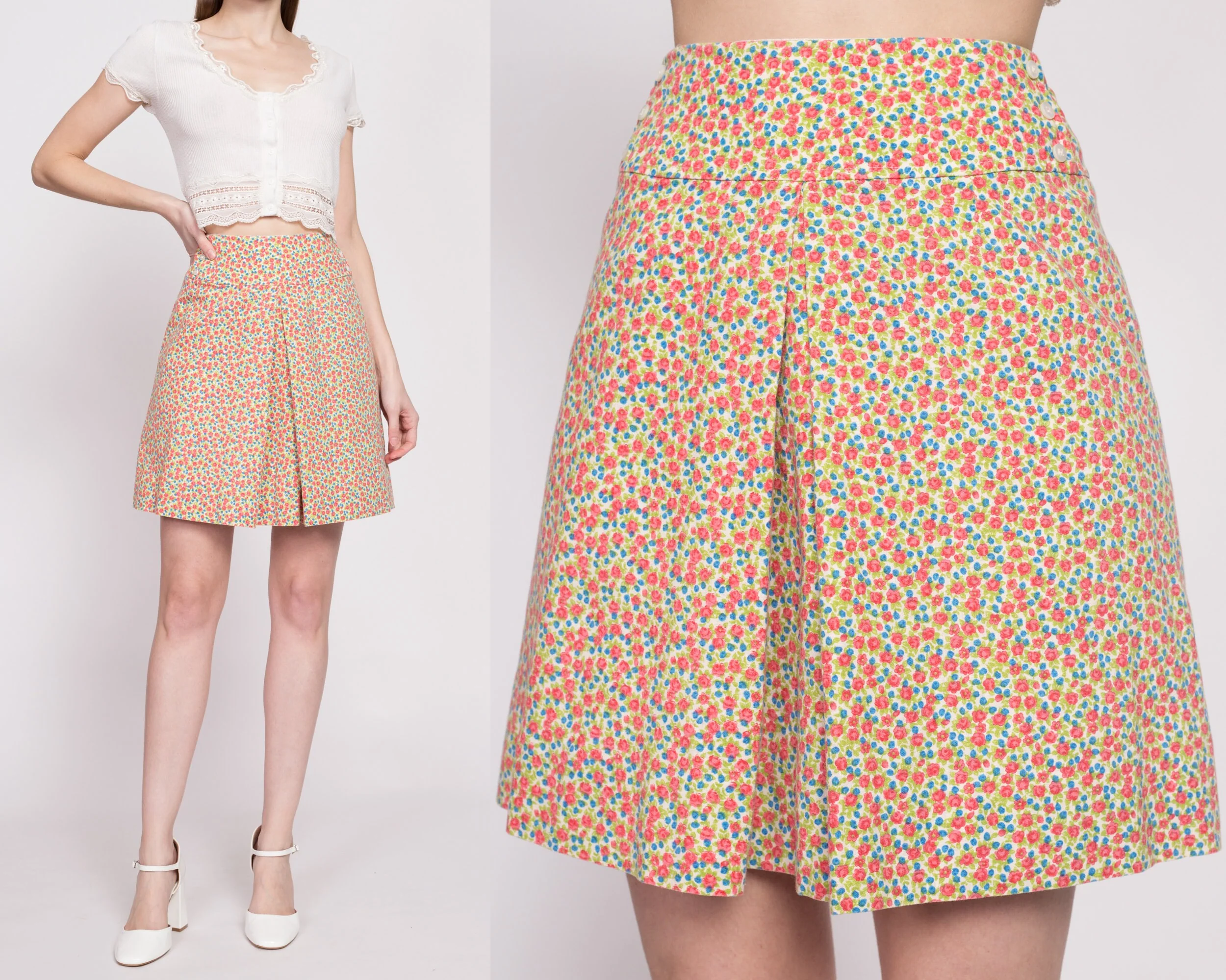 70s Calico Floral Pleated Mini Skirt - Extra Small, 23