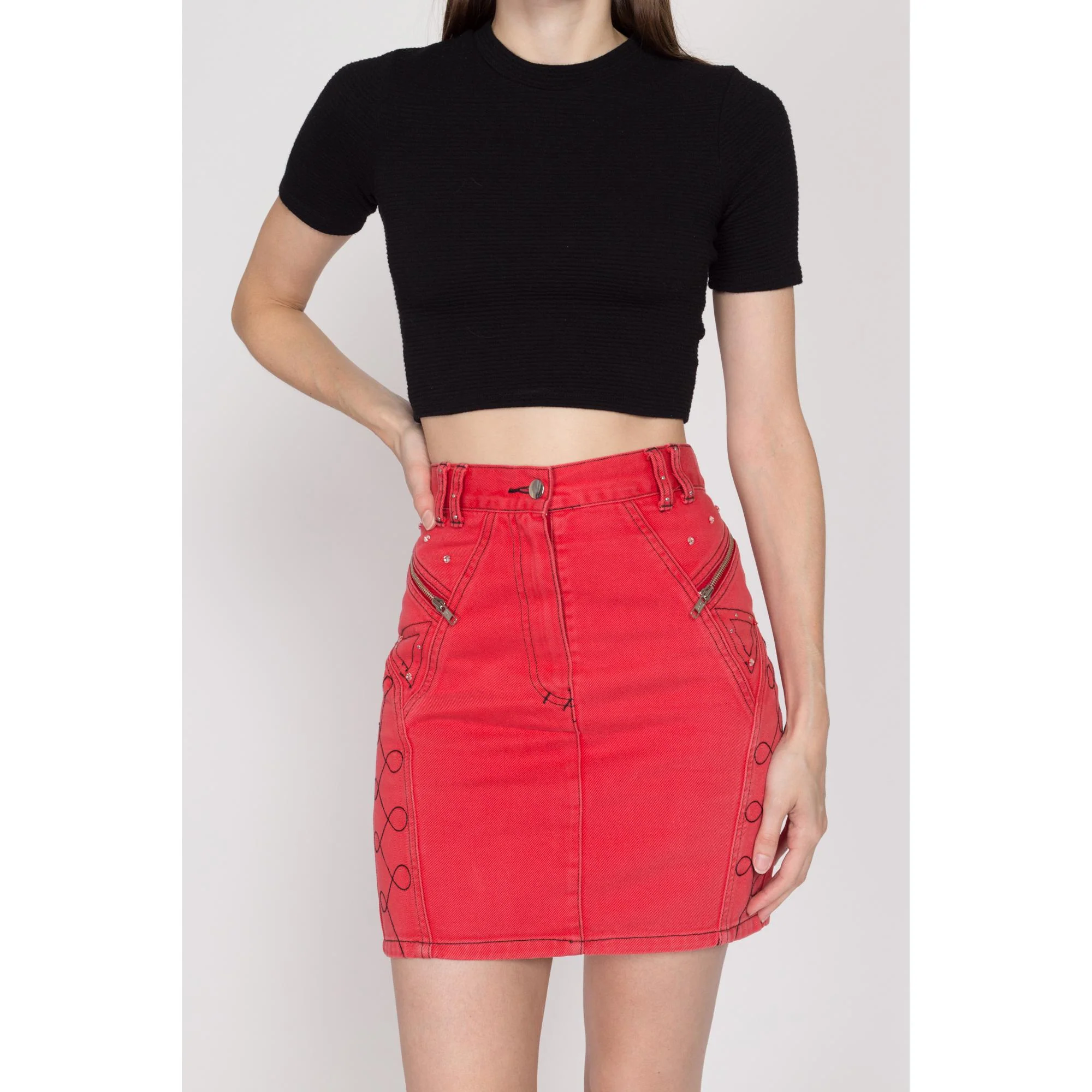 Small 90s Red Denim Embellished Mini Skirt 27