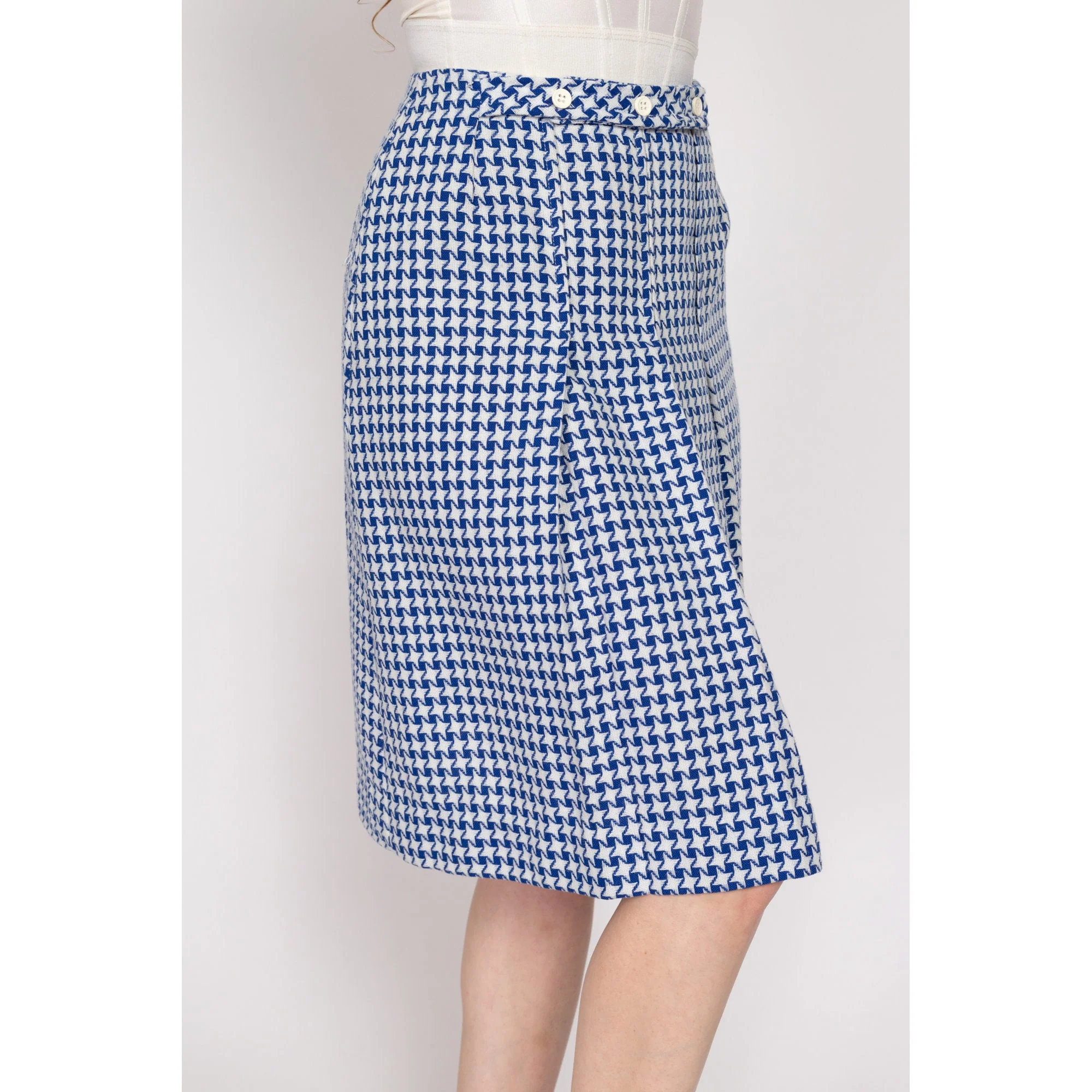 Small 70s Blue & White Pinwheel Houndstooth Pleated Skirt 26
