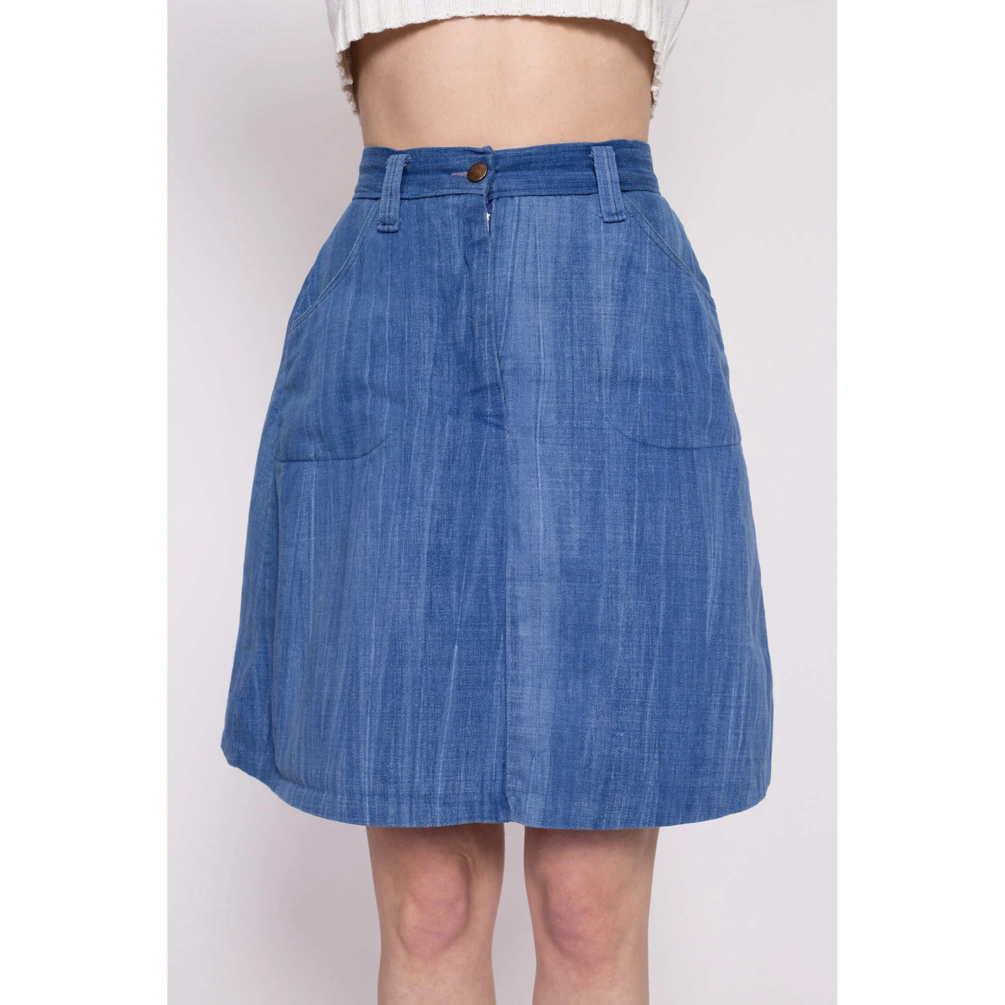 70s Boho Denim A Line Mini Skirt - Small, 26