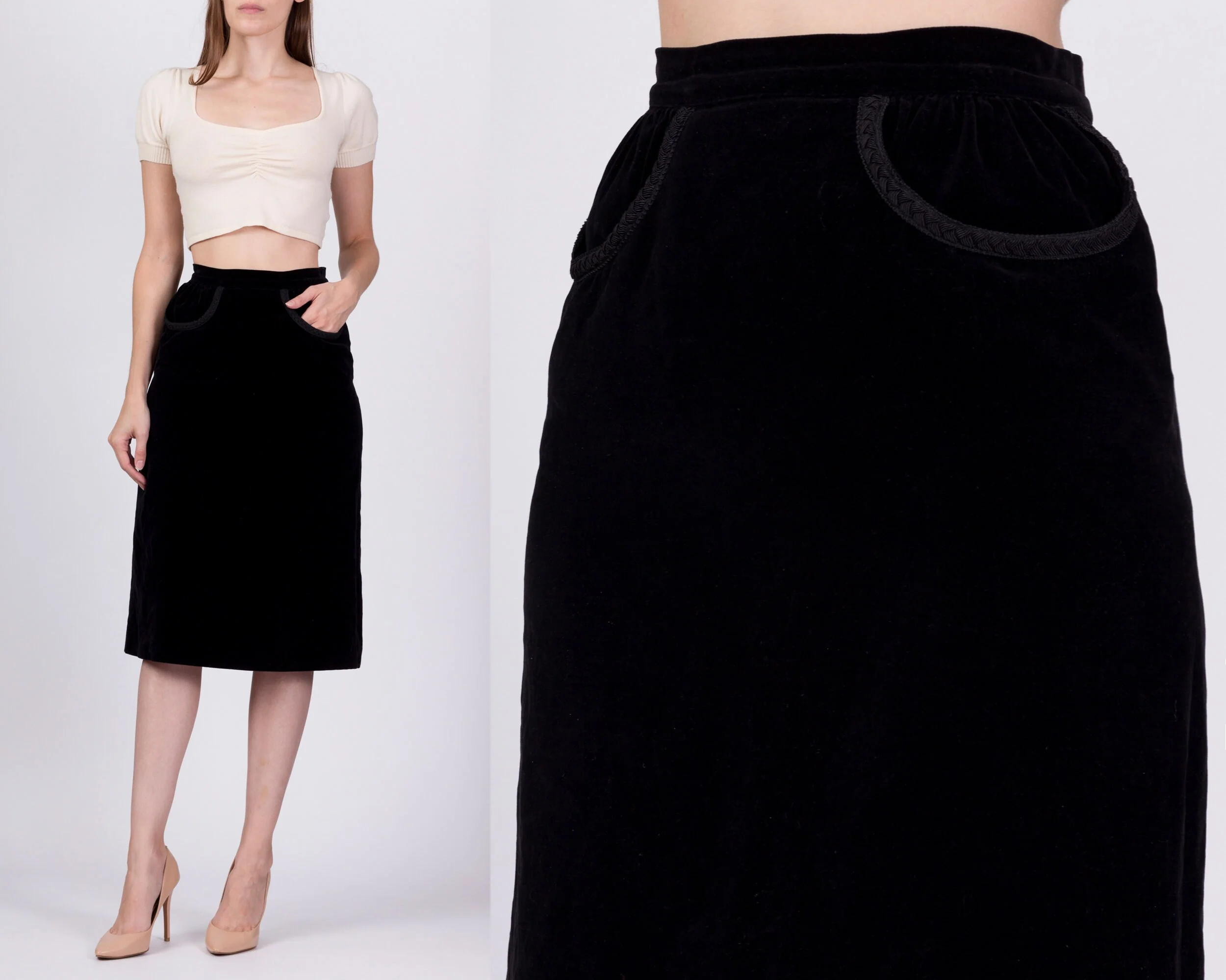 1960s Black Velvet Knee Length Skirt - Extra Small, 25