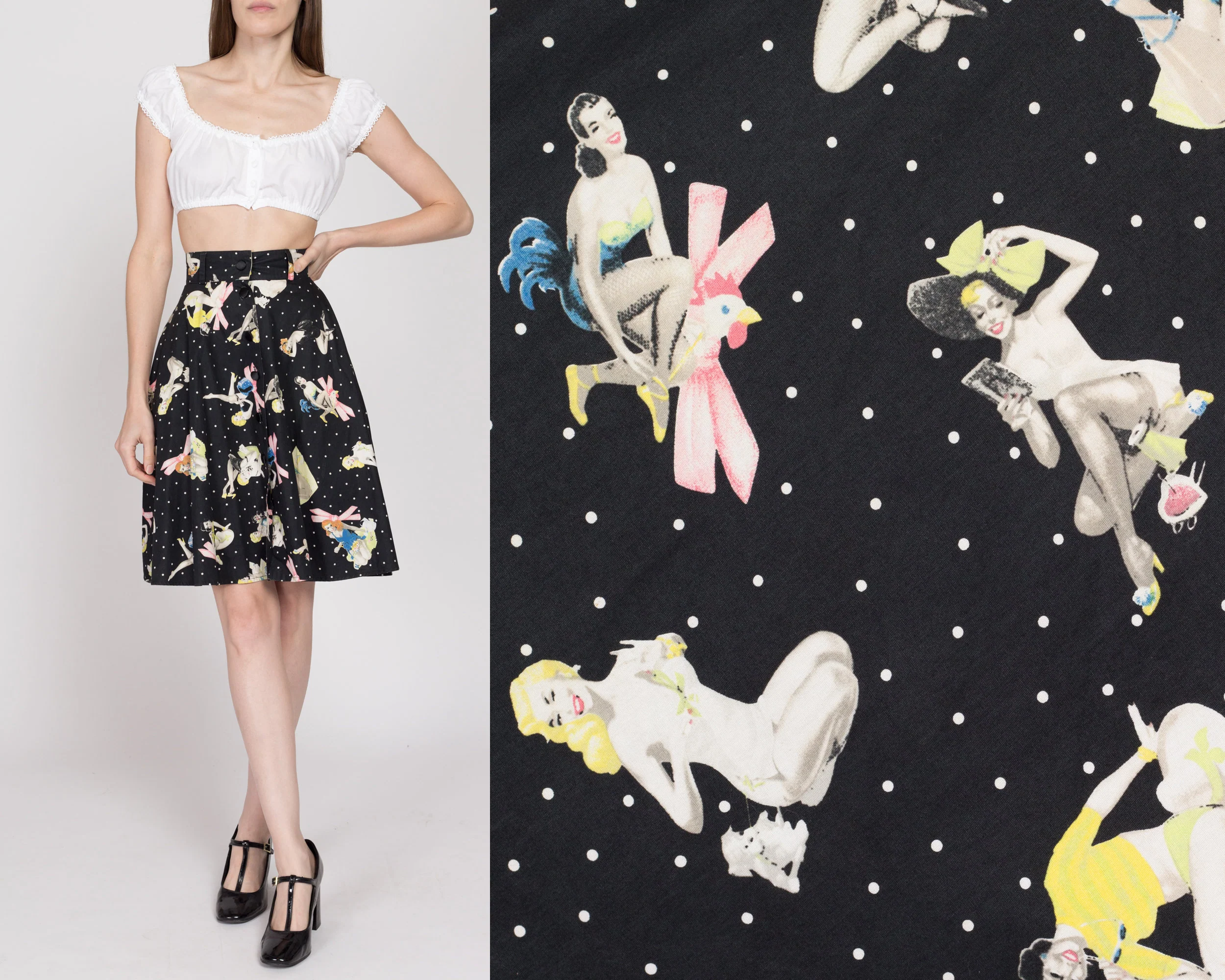 XS 90s Blumarine Pinup Girl Print Circle Skirt 25