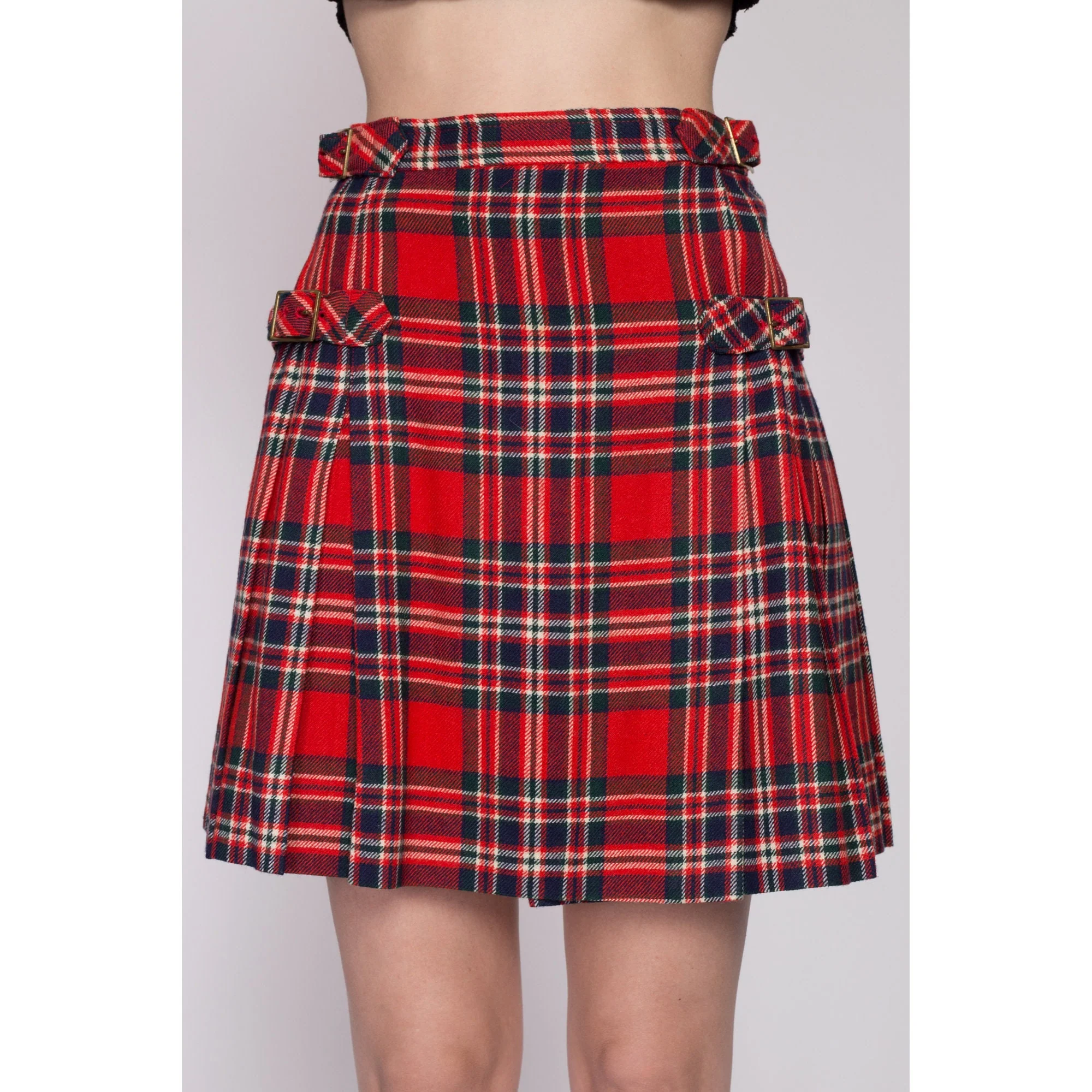 XS 80s Red Plaid Mini Kilt Wrap Skirt 23
